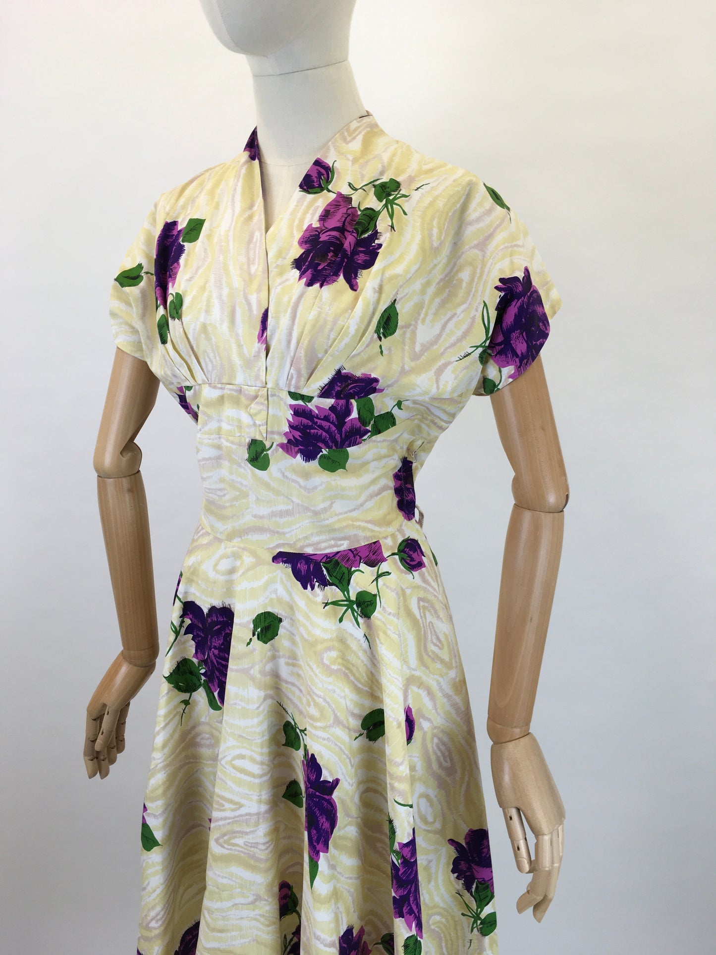 Original 1950s Darling Dress By ‘ Coopella’ - In a Lightweight Cotton In Yellow Swirls with Rich Purple Roses