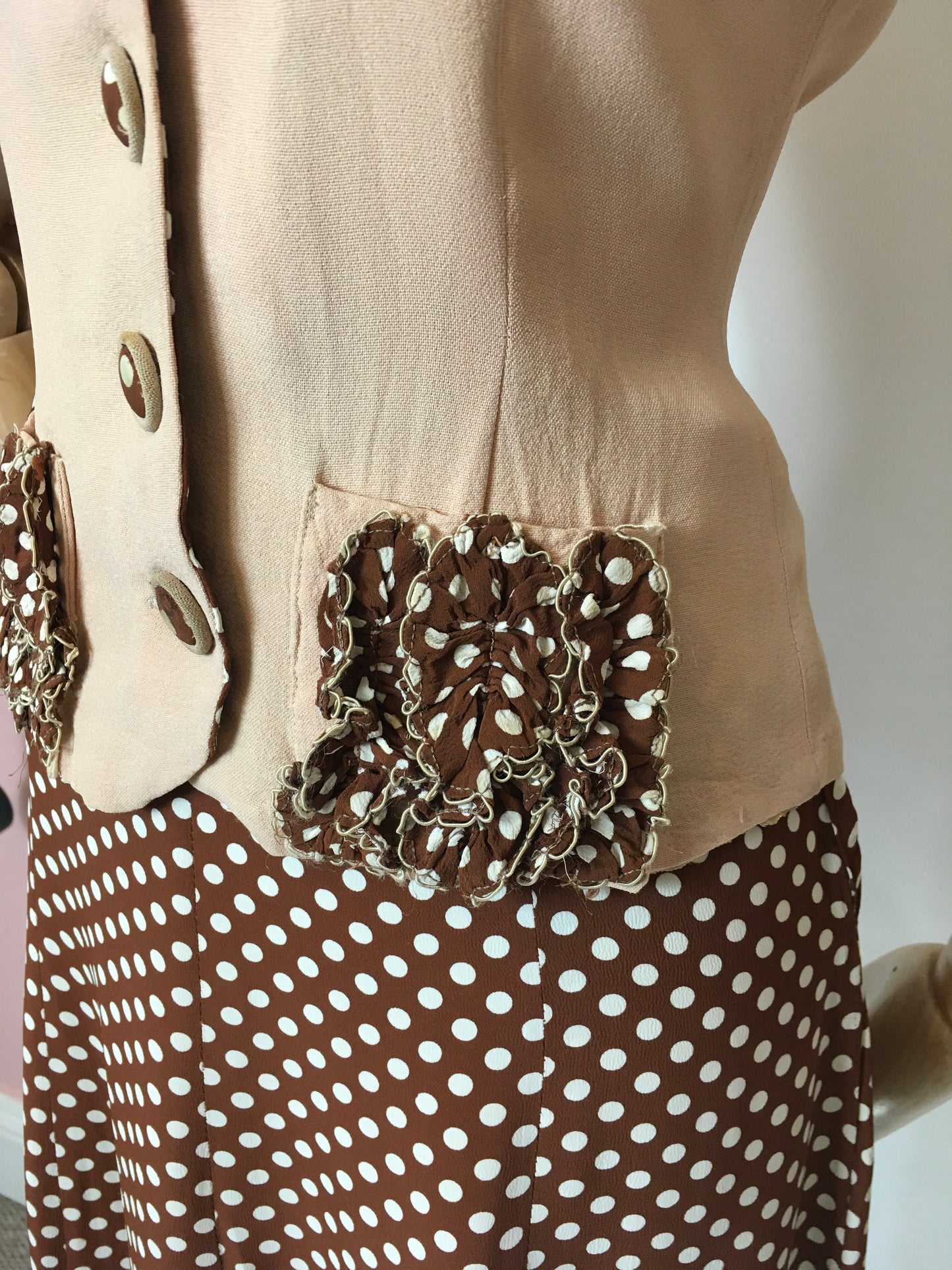 Original 1940’s Darling 2 pc Crepe Suit - In the Most Beautiful Contrast Blush Pink & Brown Polka Dot Crepe