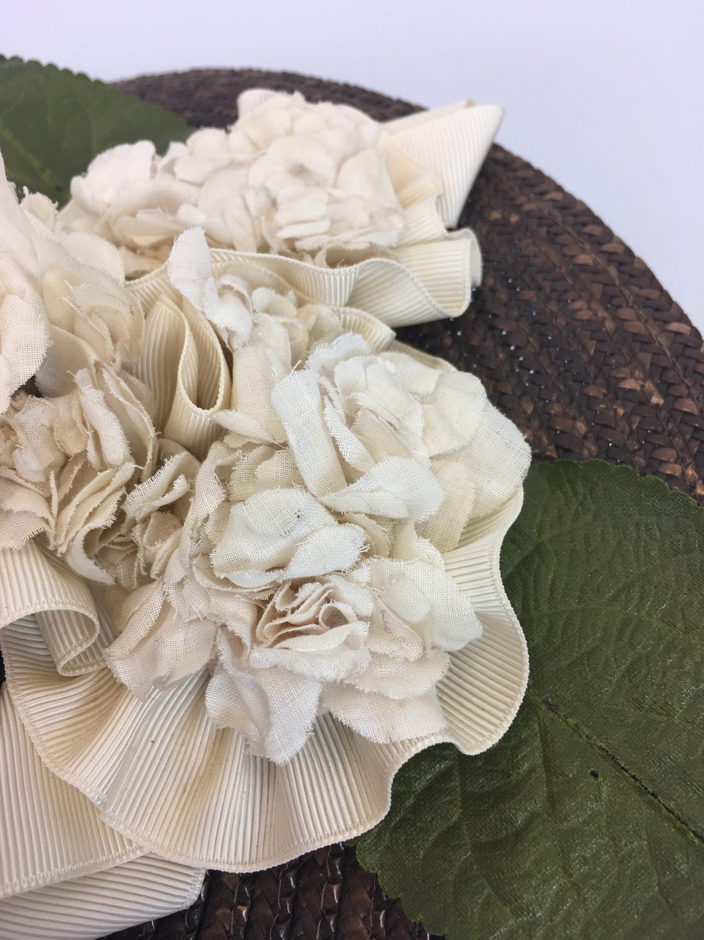 Original Late 1930's Early 1940's Fabulous Brown Straw Hat - With Delicate Cream Floral Millinery