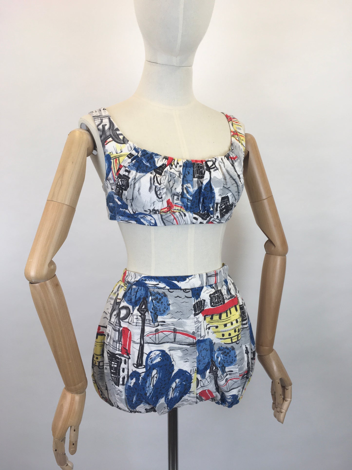 Original 1950s 4 pc Sun Set In Novelty Print Barkcloth - Sun Top, Blouse, Bloomer Shorts and Skirt