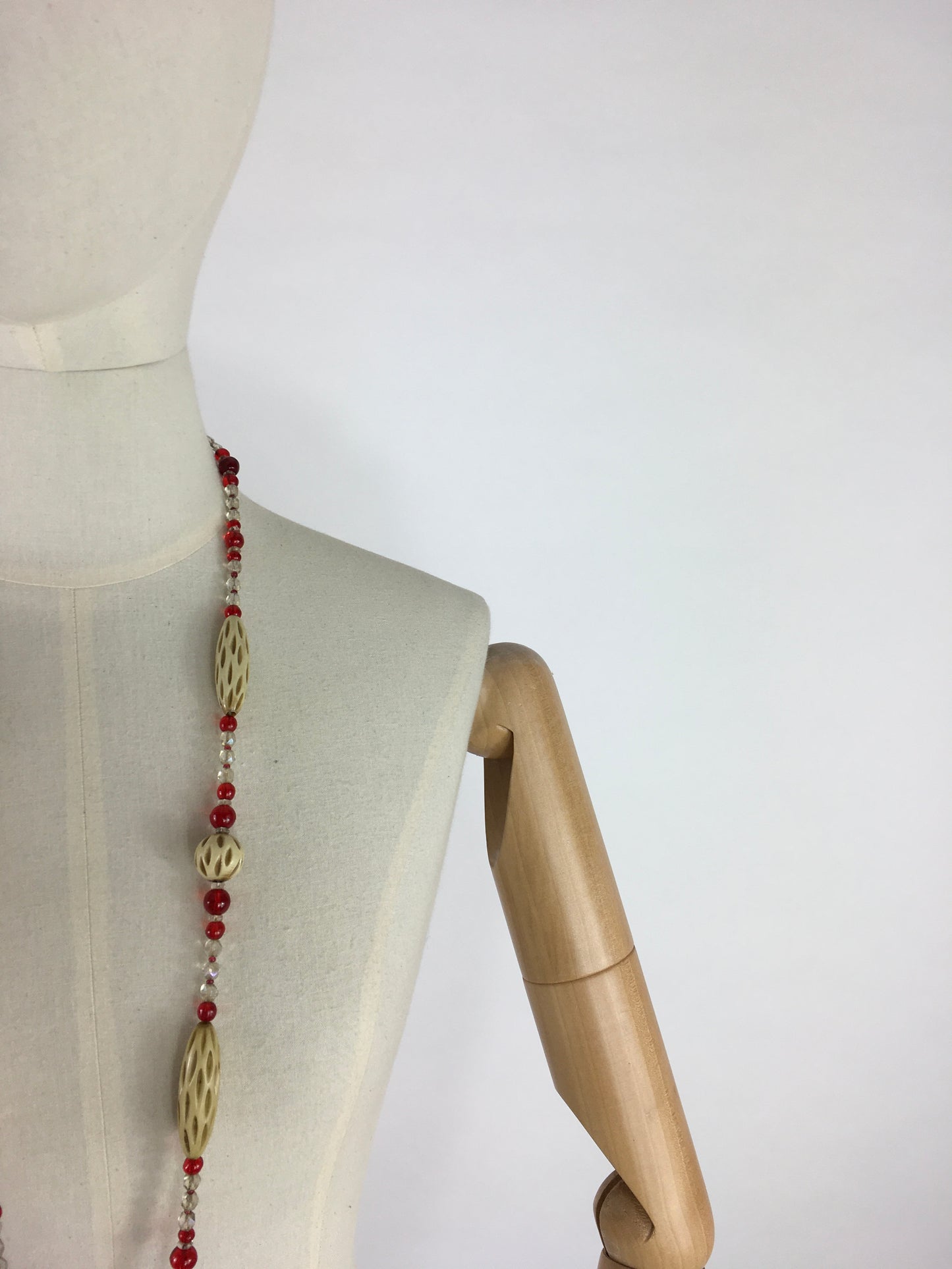 Original 1930s Long Line Necklace - In a Contrast Glass Bead and Celluloid in Reds, Clear and Soft Cream