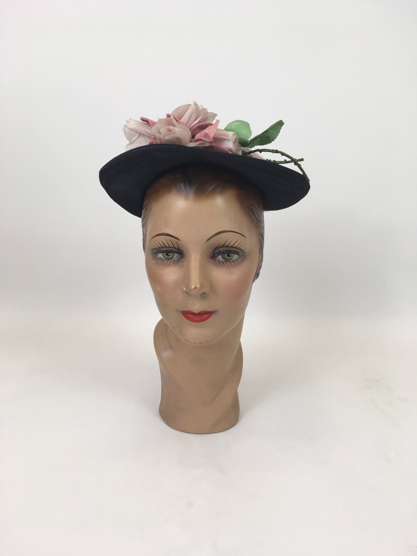 Original 1930's / 1940's Open Crown Hat - In Black with Original Floral Velvet Millinery Adornments