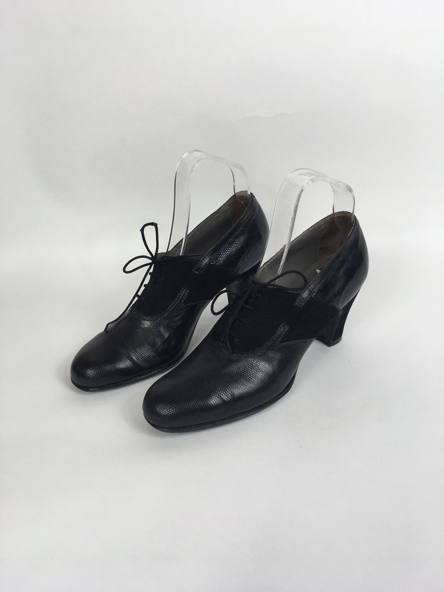 Original 1940’s Black Suede & Leather Heeled Brogues - Stunning Detailing And Shape