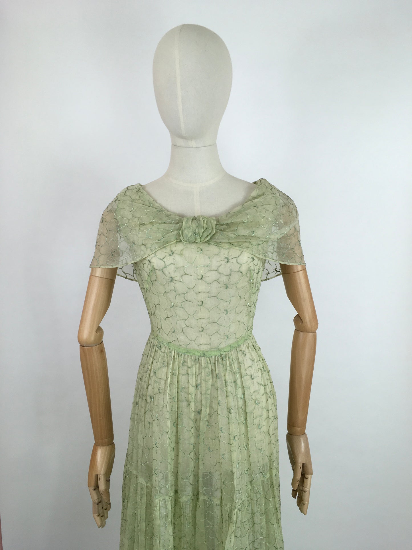 Original 1930s Full Length Summer Dress - In a Beautiful Soft Green Embroidered Cotton Lawn