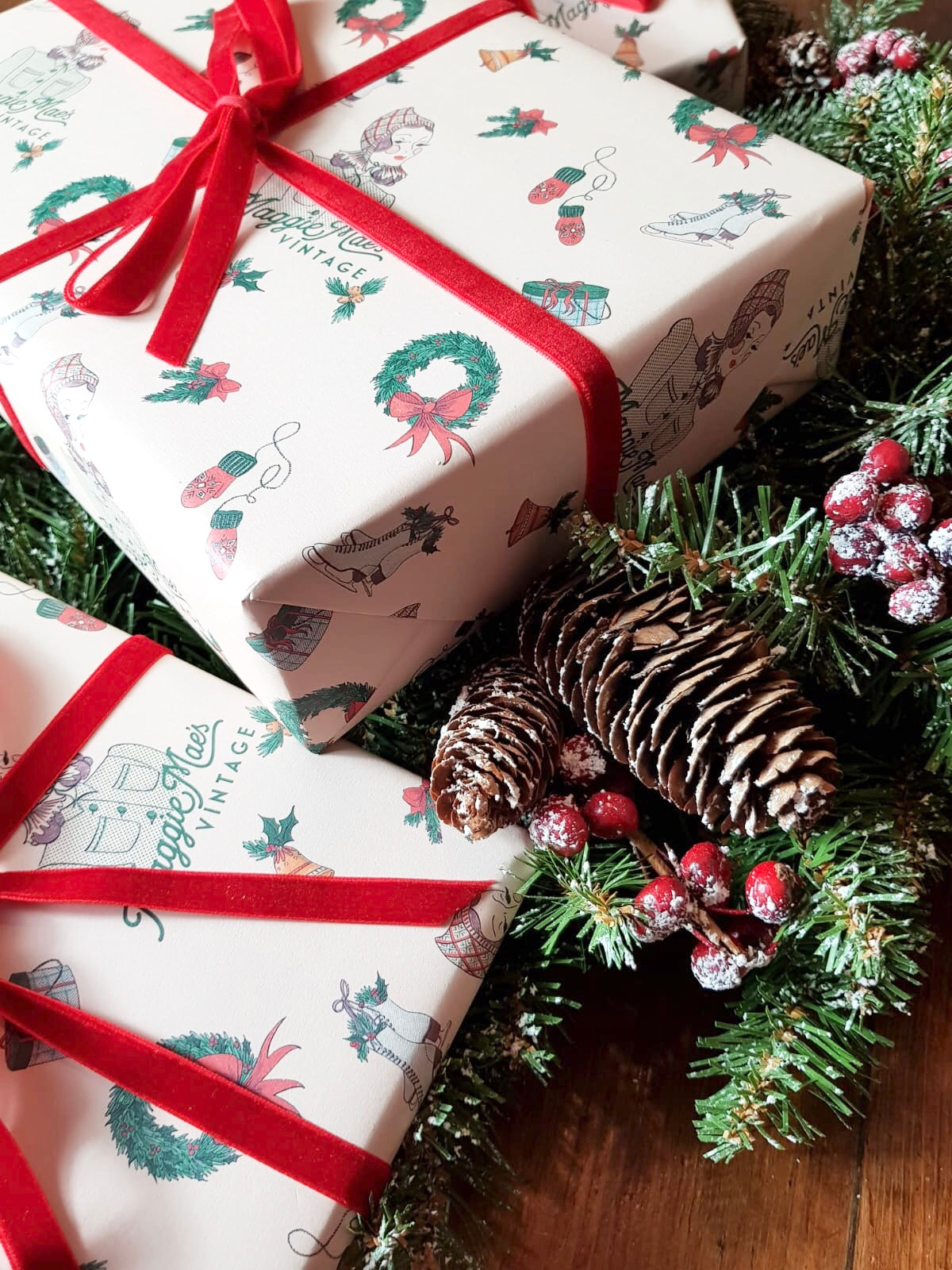 Gift Wrapping Service with Festive Wrapping Paper & Ribbon / Twine - Exclusively Designed By Shropshire Illustrator Hannah Chumbley