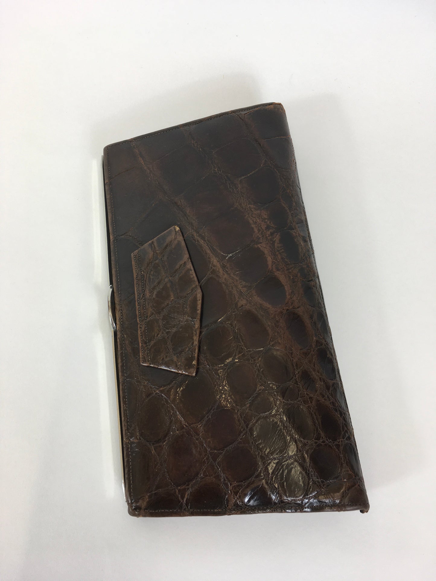 Original 1930’s Deco Crocodile Clutch Handbag - In A Warm Brown with Chrome Detailing