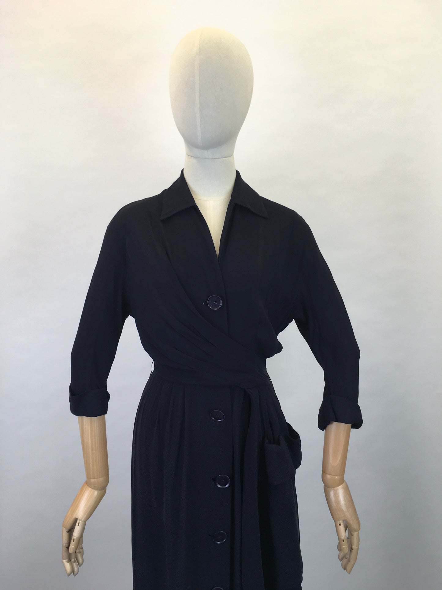 Original 1940s Stunning ‘ Herbert Stonheim ‘ Couture Dress - In a Navy Sheer Rayon with Wrap Hip Swag and Pocket