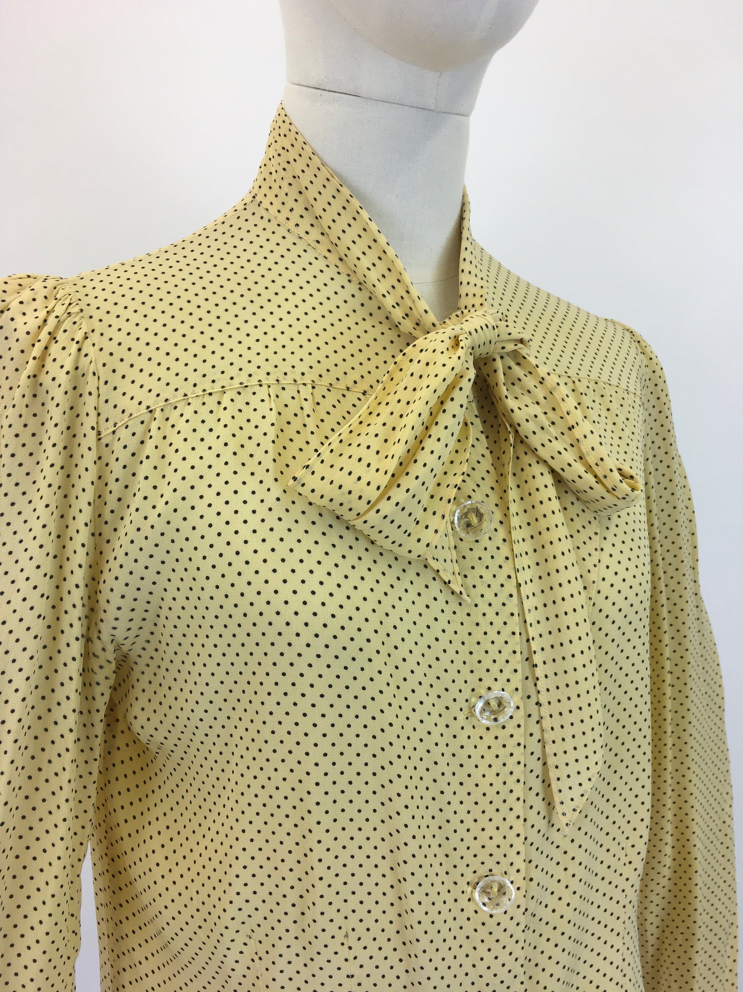 Original 1940's Darling Pussy Bow Blouse - In A Delightful Yellow Polka Dot Crepe
