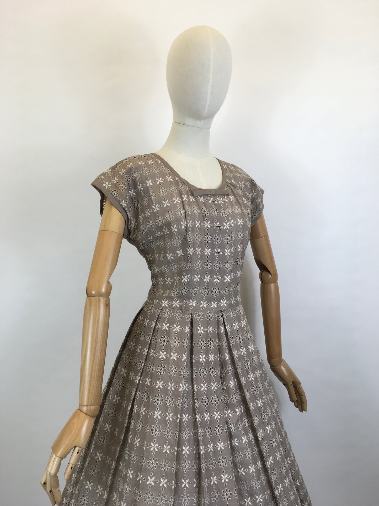 Original 1950’s Darling Broderie Anglaise Cotton Day Dress - In a Soft Fawn with White Accents