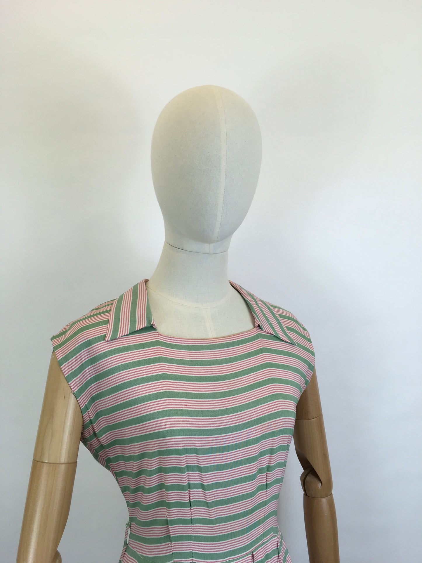 Original Late 1940’s Early 1950’s Cute Cotton Day Dress - In A Soft Cotton Stripe in Sage Green & Powdered Rose