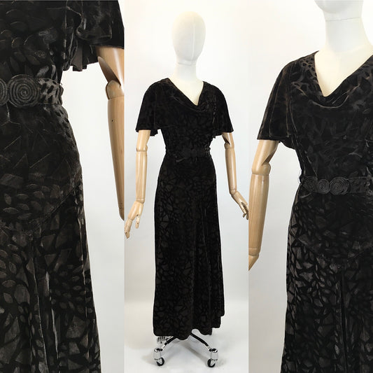 Original 1930's Sensational Evening Gown - In A Rich Dark Chocolate Devore