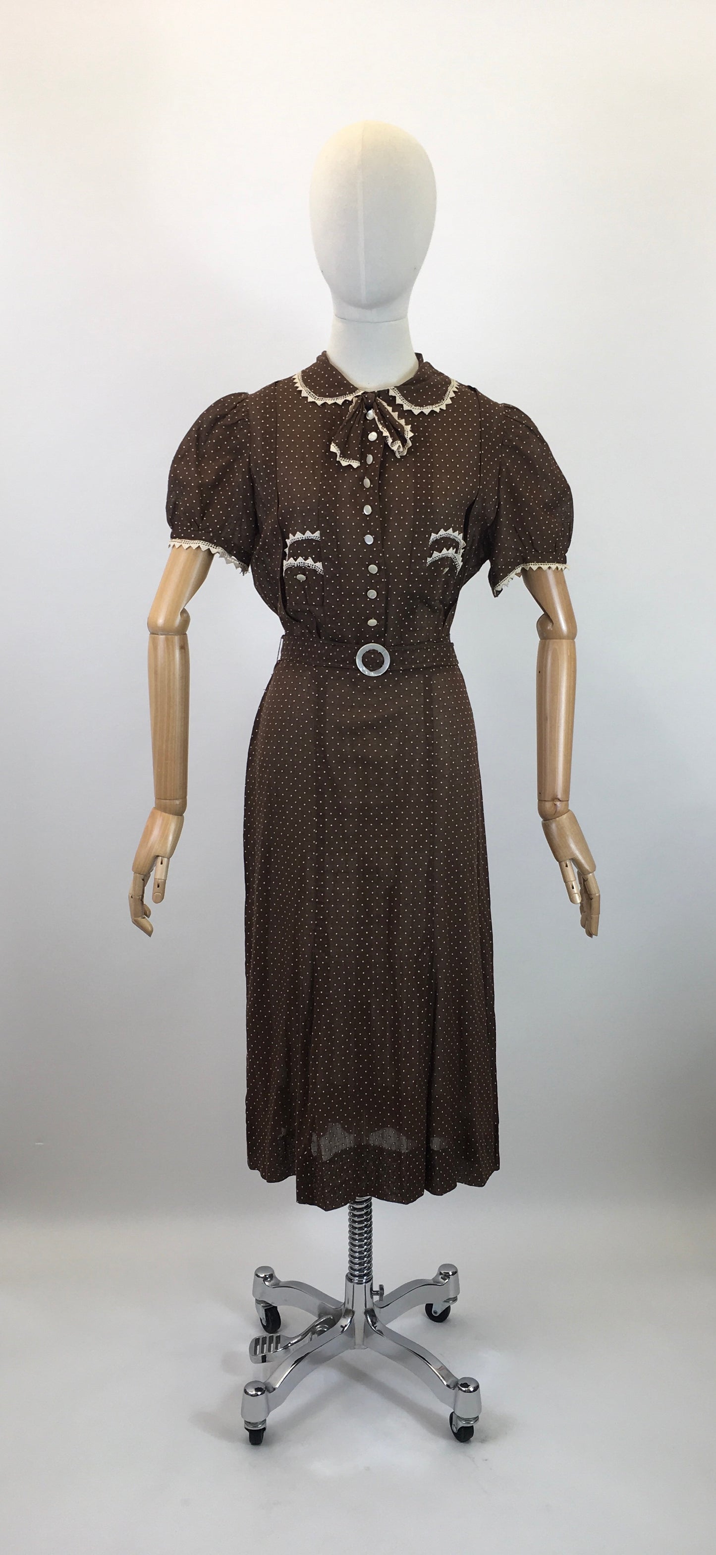 Original 1930's Darling Cotton Lawn Dress - In A Brown & White Polka Dot
