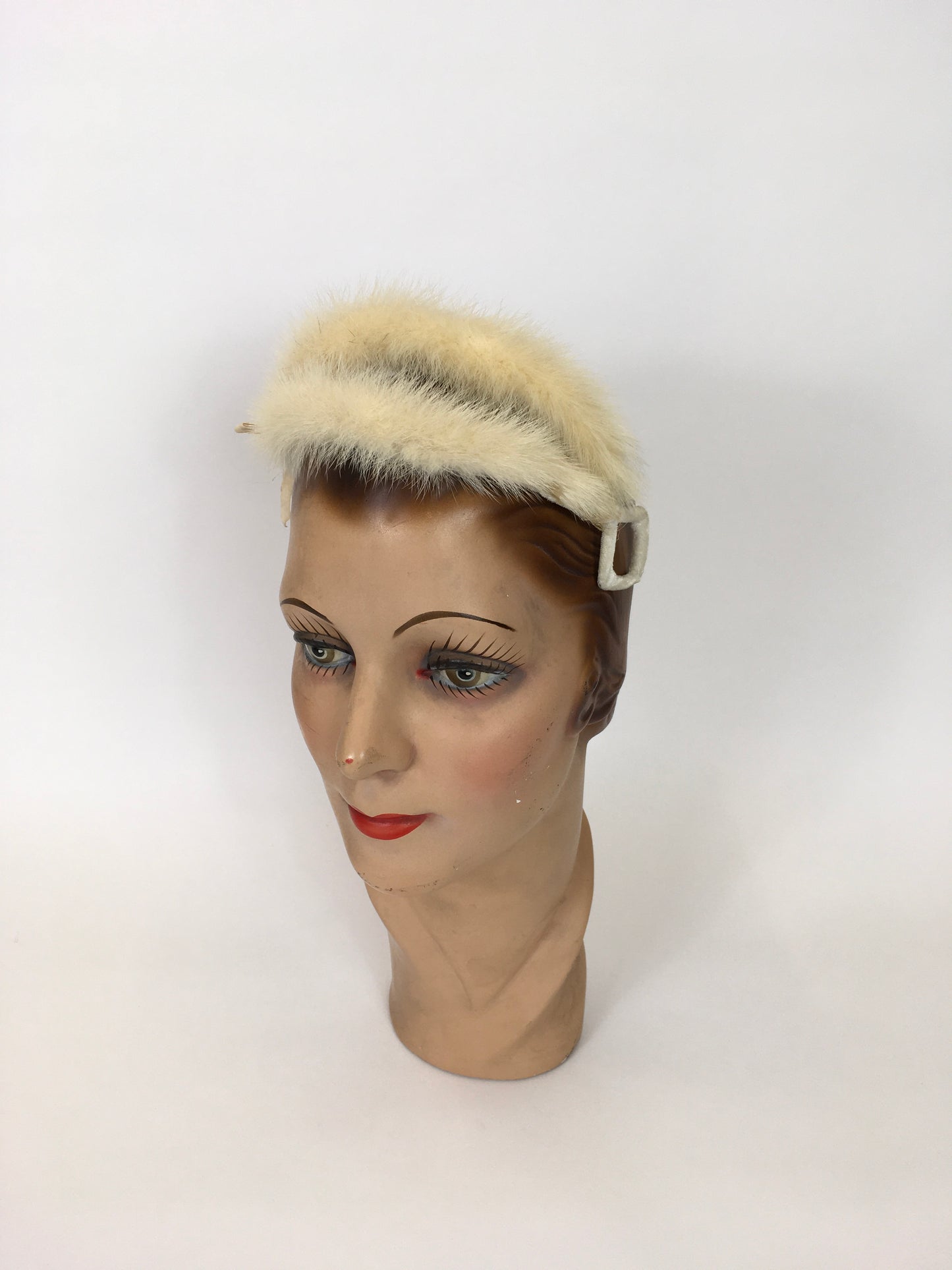 Original 1950’s Stunning Blonde Mink Headpiece - Covered In Cream Velvet