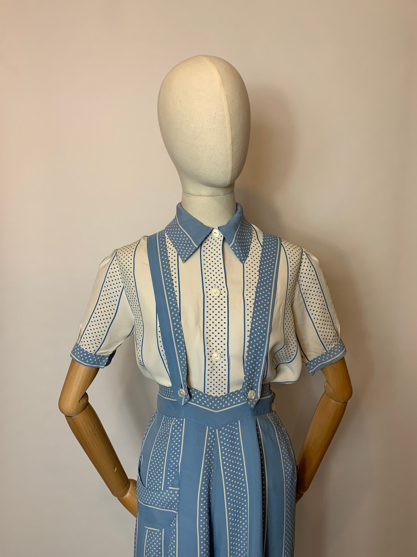 Original 1940’s 2 pc Blouse & Dungaree Set - In the Most Summery Of Colour Pallets with Polka Dots