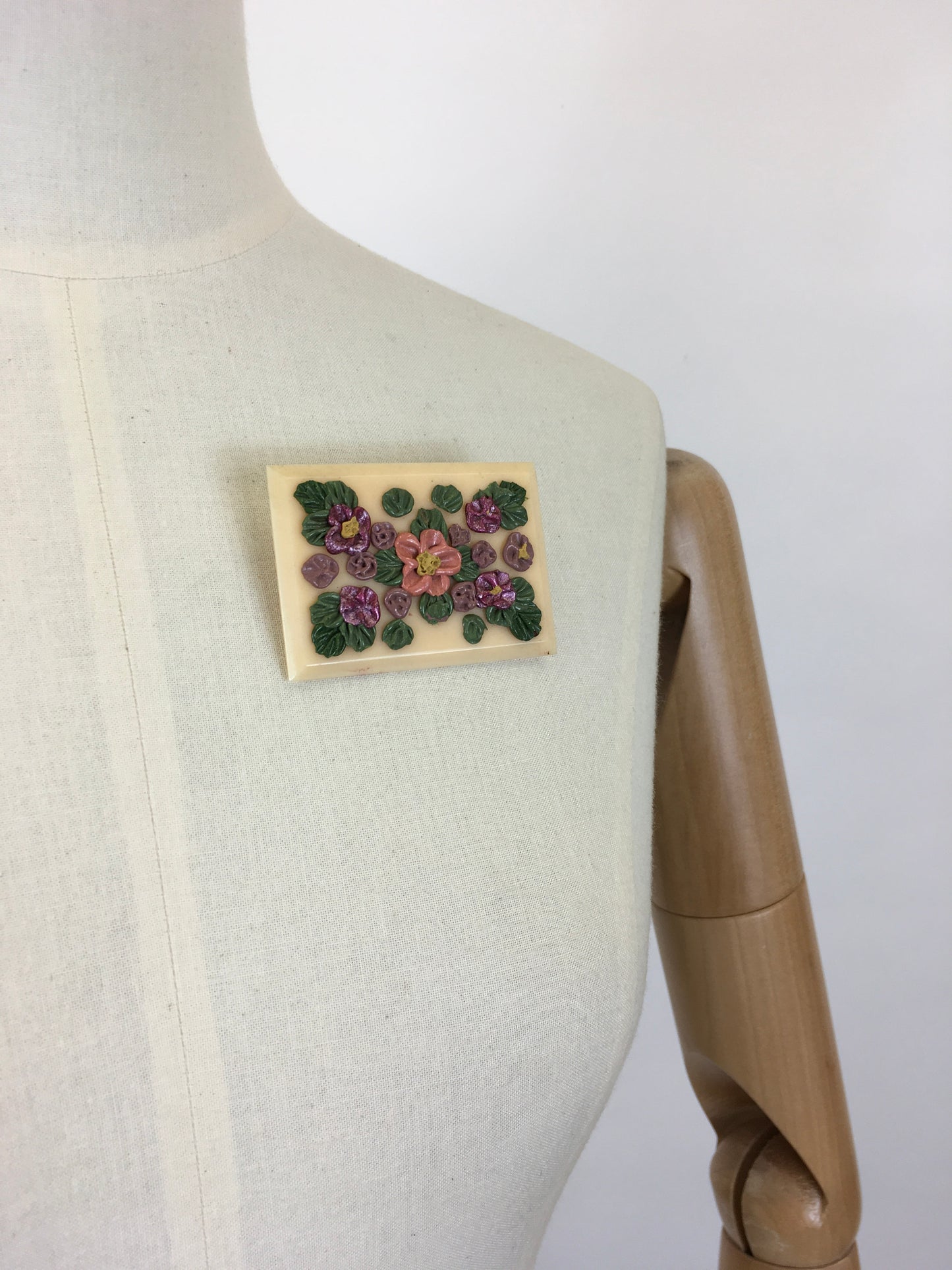 Original 1940’s Beautiful Soft Pink Lucite Brooch - With Hand-painted Flowers in Pinks, Violets and Green