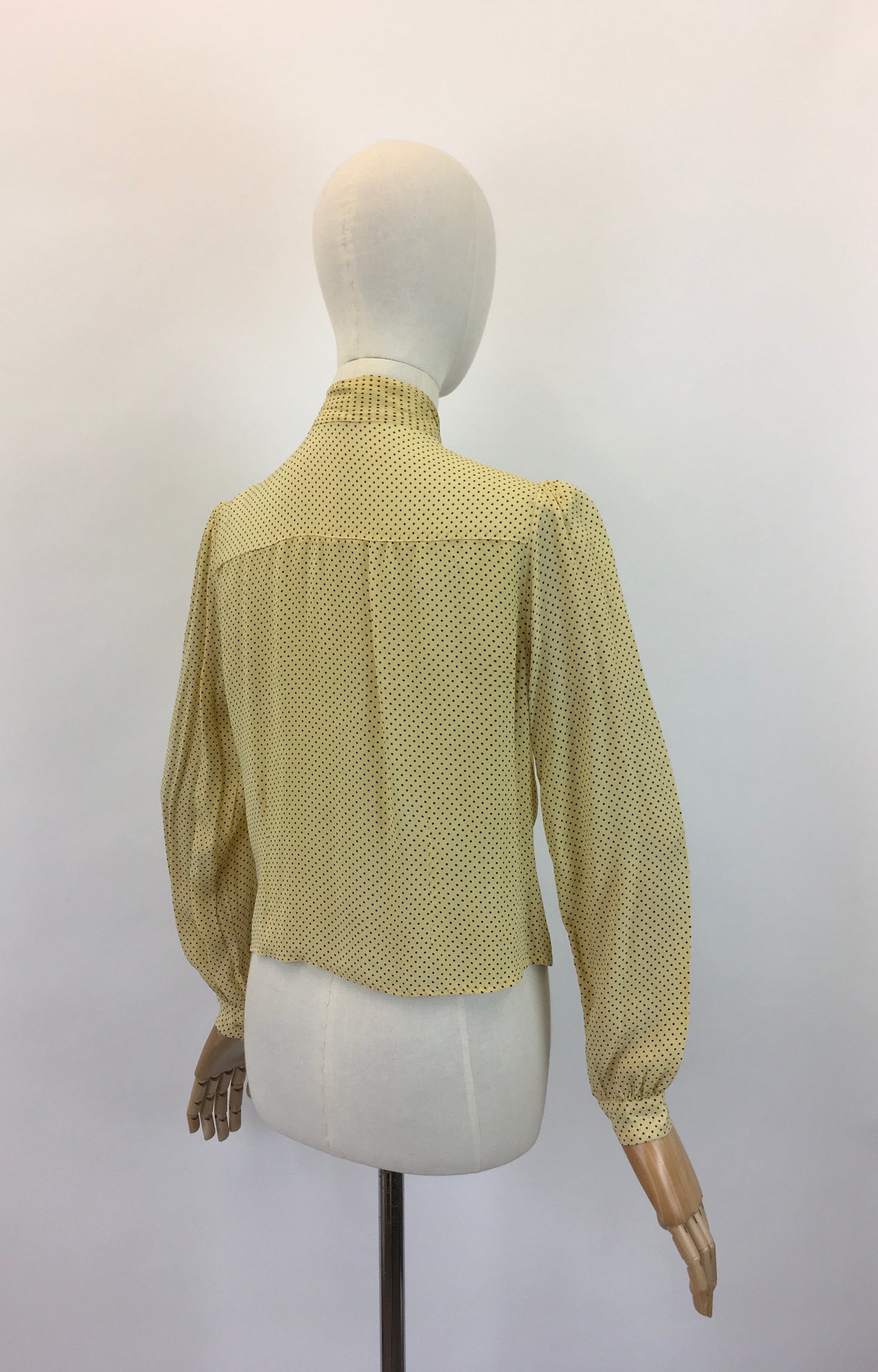 Original 1940's Darling Pussy Bow Blouse - In A Delightful Yellow Polka Dot Crepe
