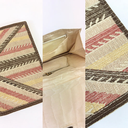 Original 1930's Darling Clutch Fabric Handbag - In a Warm Brown, Soft Orange and Beige Cloth