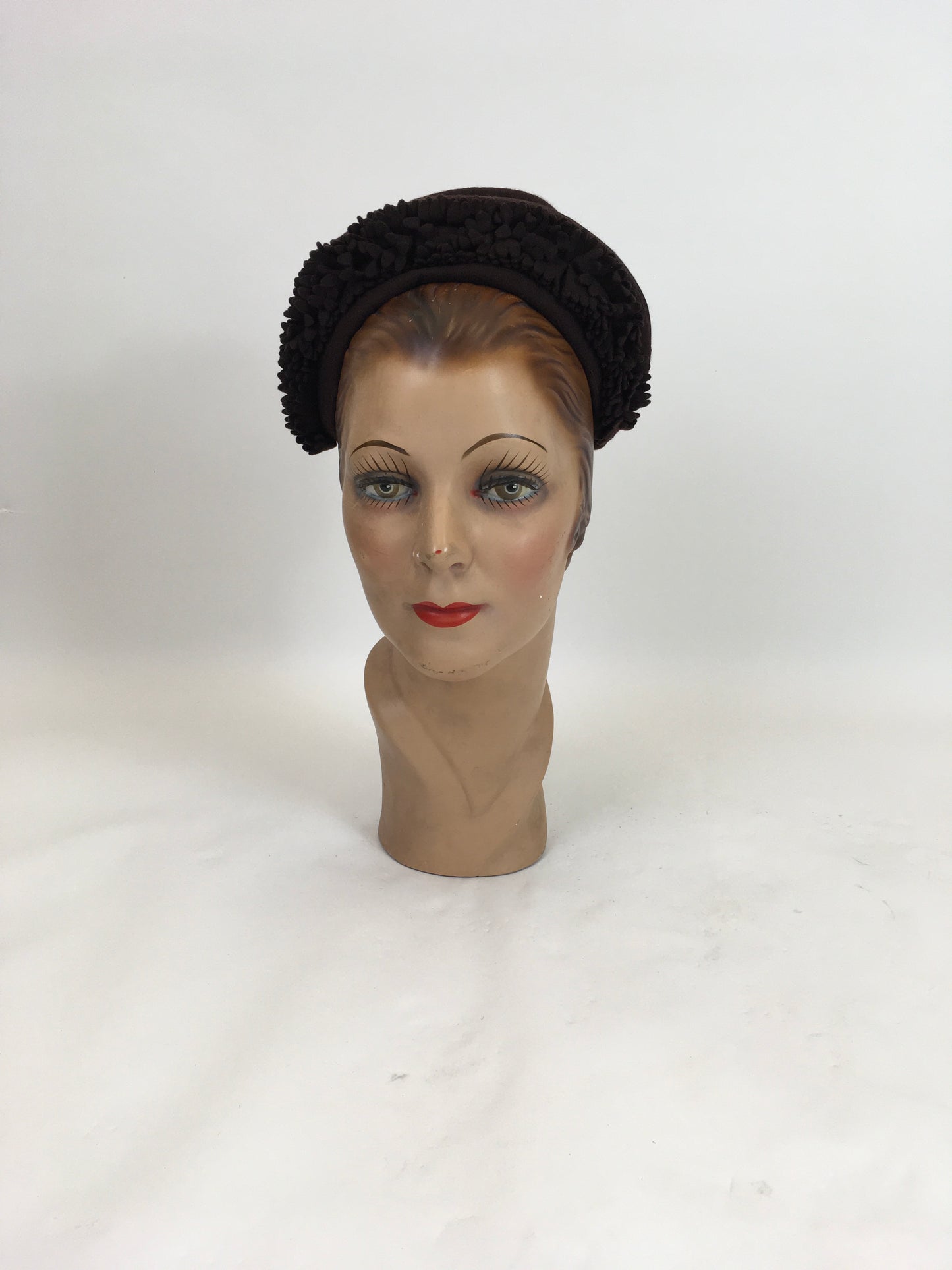 Original 1930's / 1940's Darling Pixie Halo Hat in Chocolate Brown - With Floral Adornment