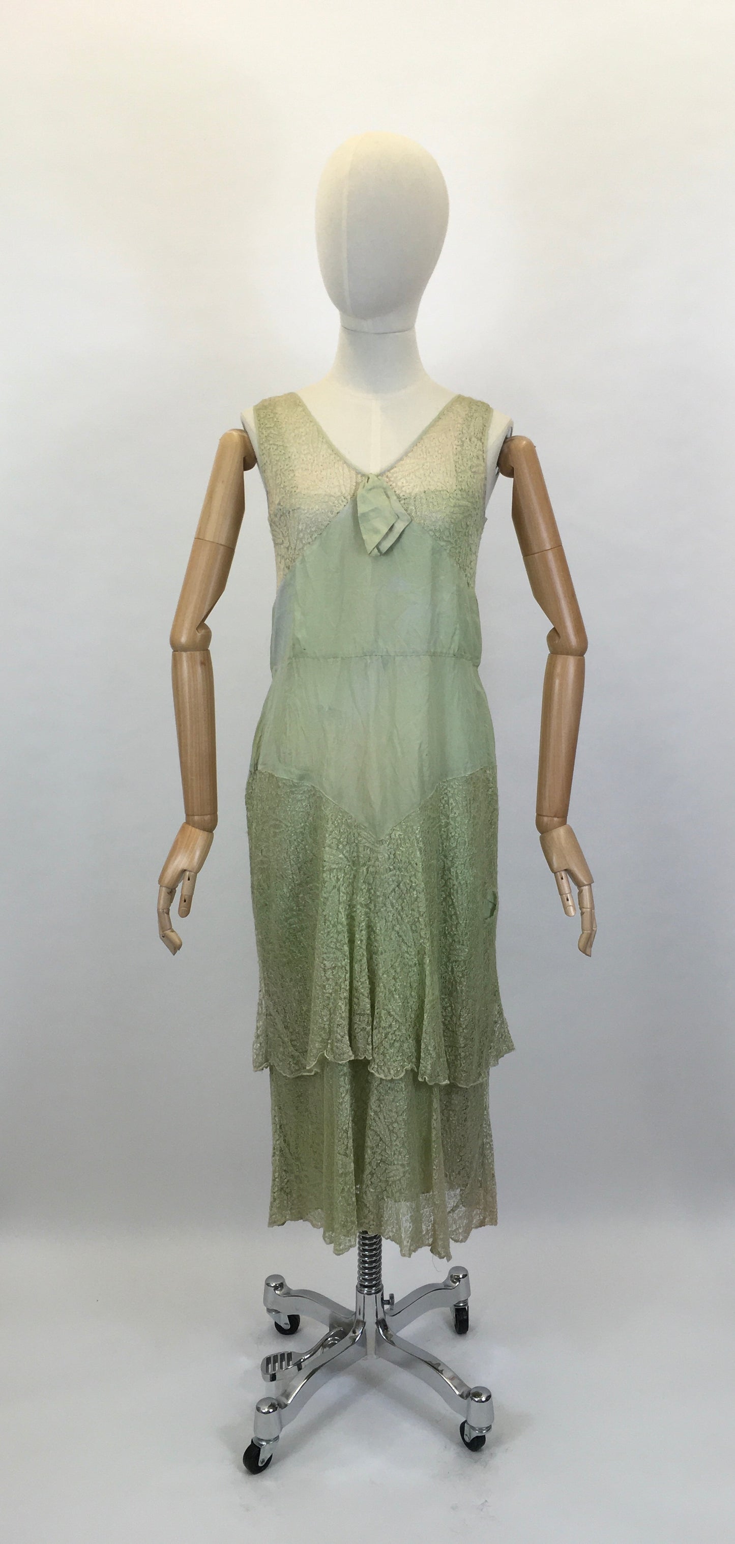 Original As Is 1920’s Stunning Soft Green Dress - In Silk & lace