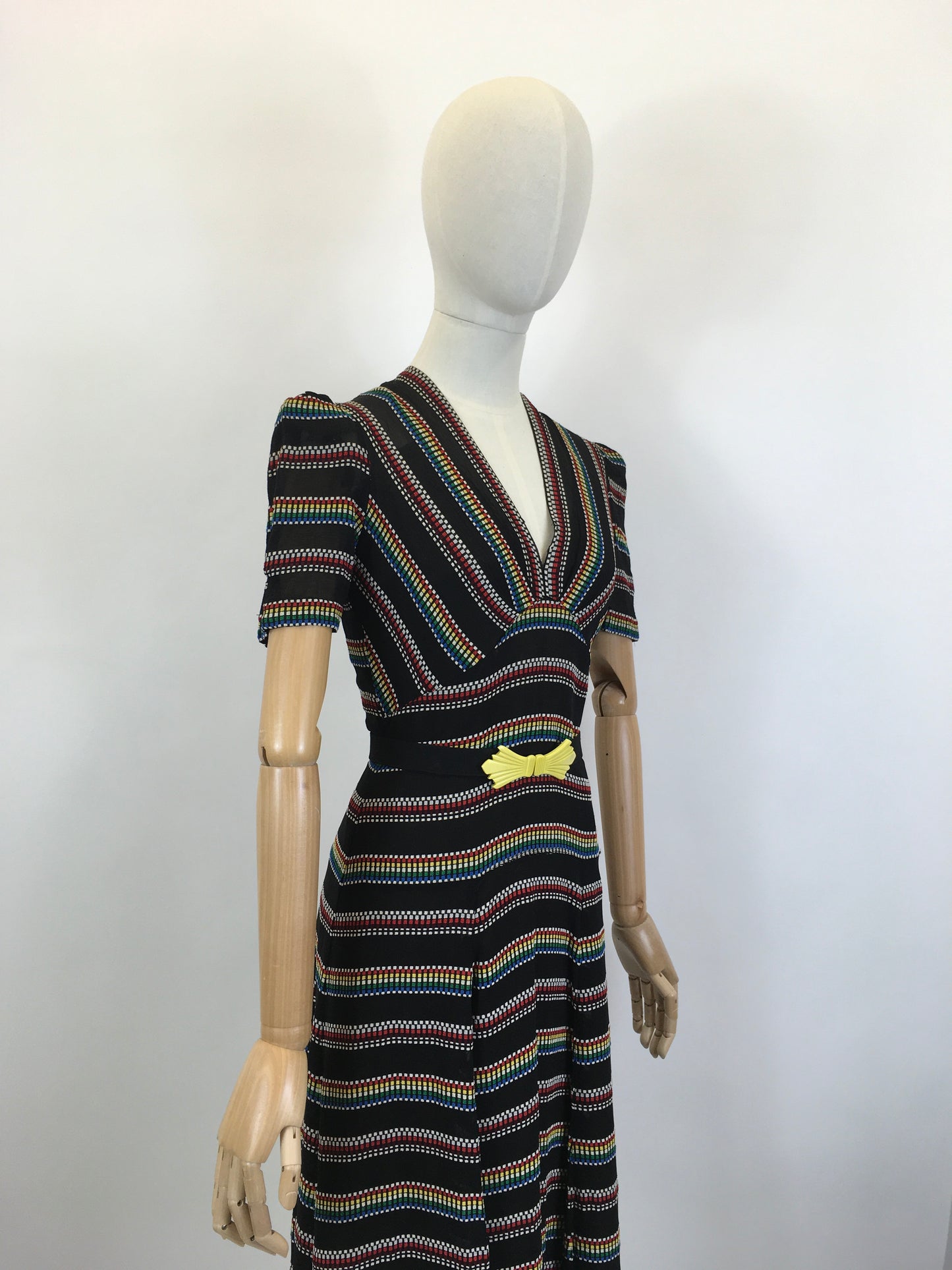 Original 1930’s Stunning Dress in a Sheer Crepe - With A Multicoloured Embroidered Weave