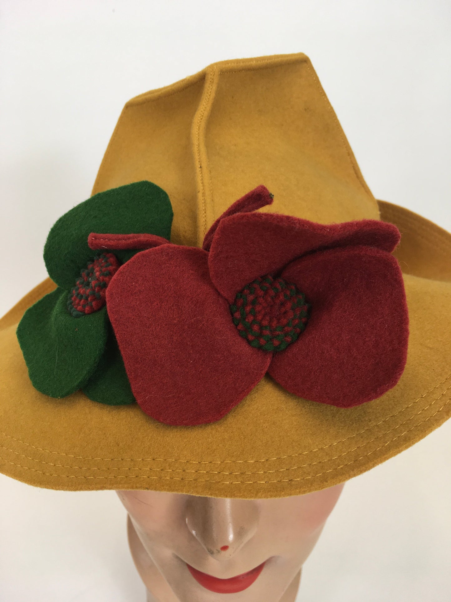 Original 1940's Sensational Fedora - In Mustard With Red And Green Florals