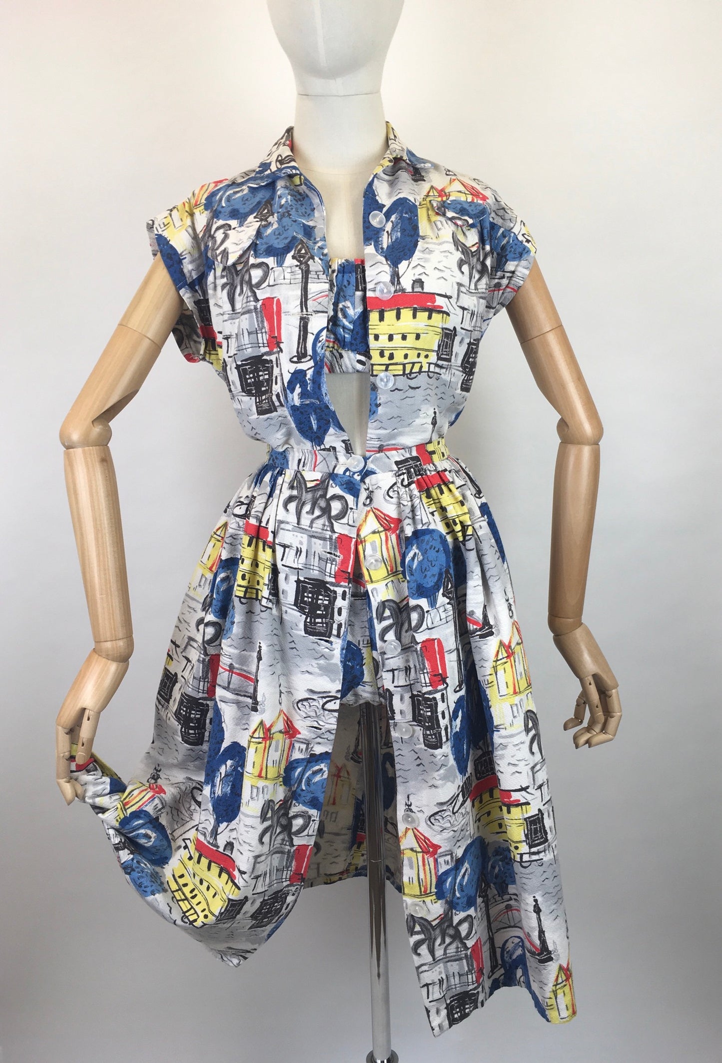 Original 1950s 4 pc Sun Set In Novelty Print Barkcloth - Sun Top, Blouse, Bloomer Shorts and Skirt