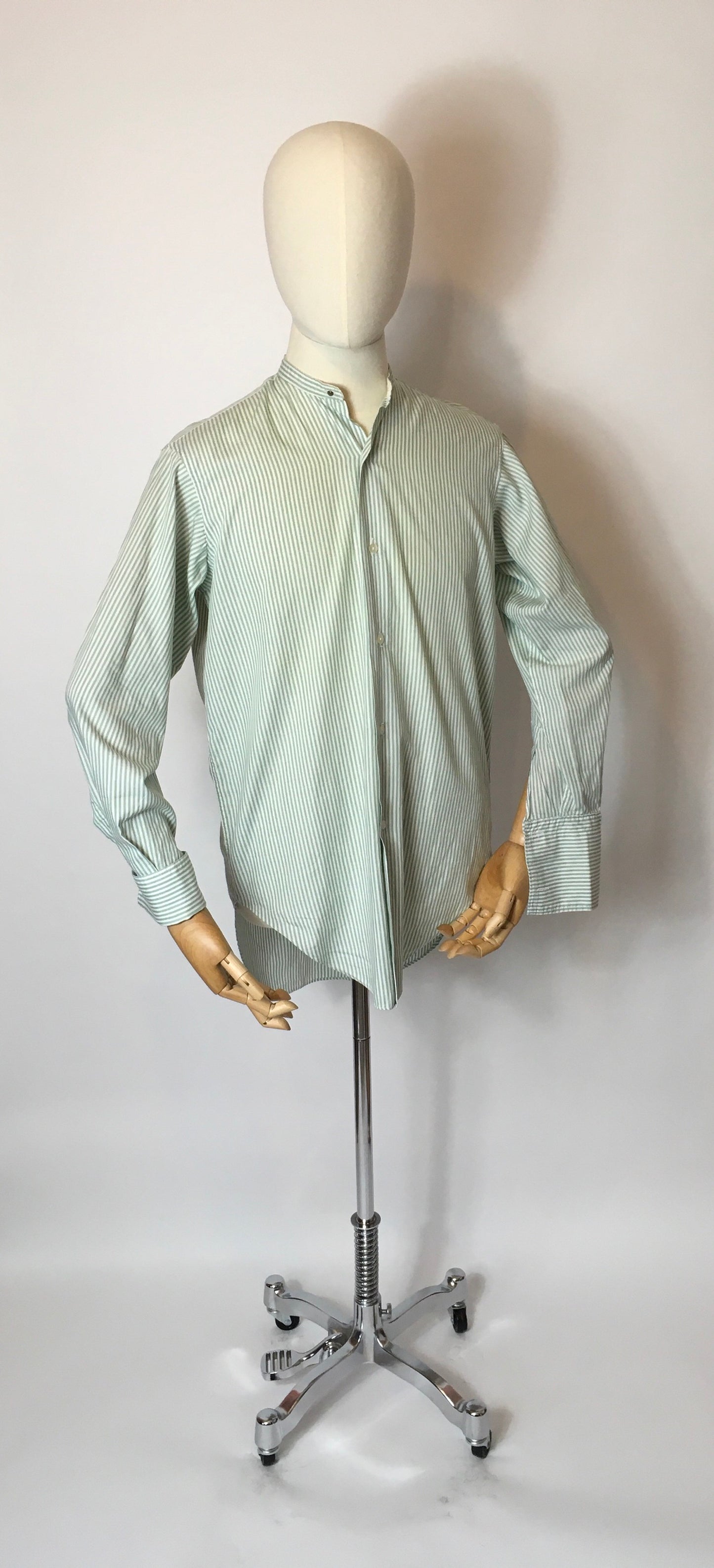 Original Gents Collarless Shirt with Double Cuff - In a Lovely Green and White Stripe
