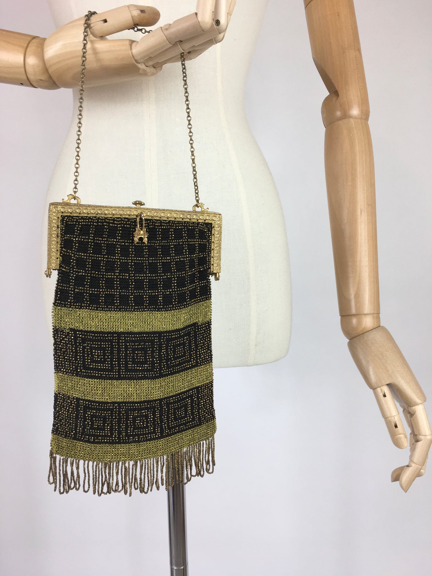 Original 1910s Chain Beaded Bag - In A Lovely Deco Pallet of Black and Gold