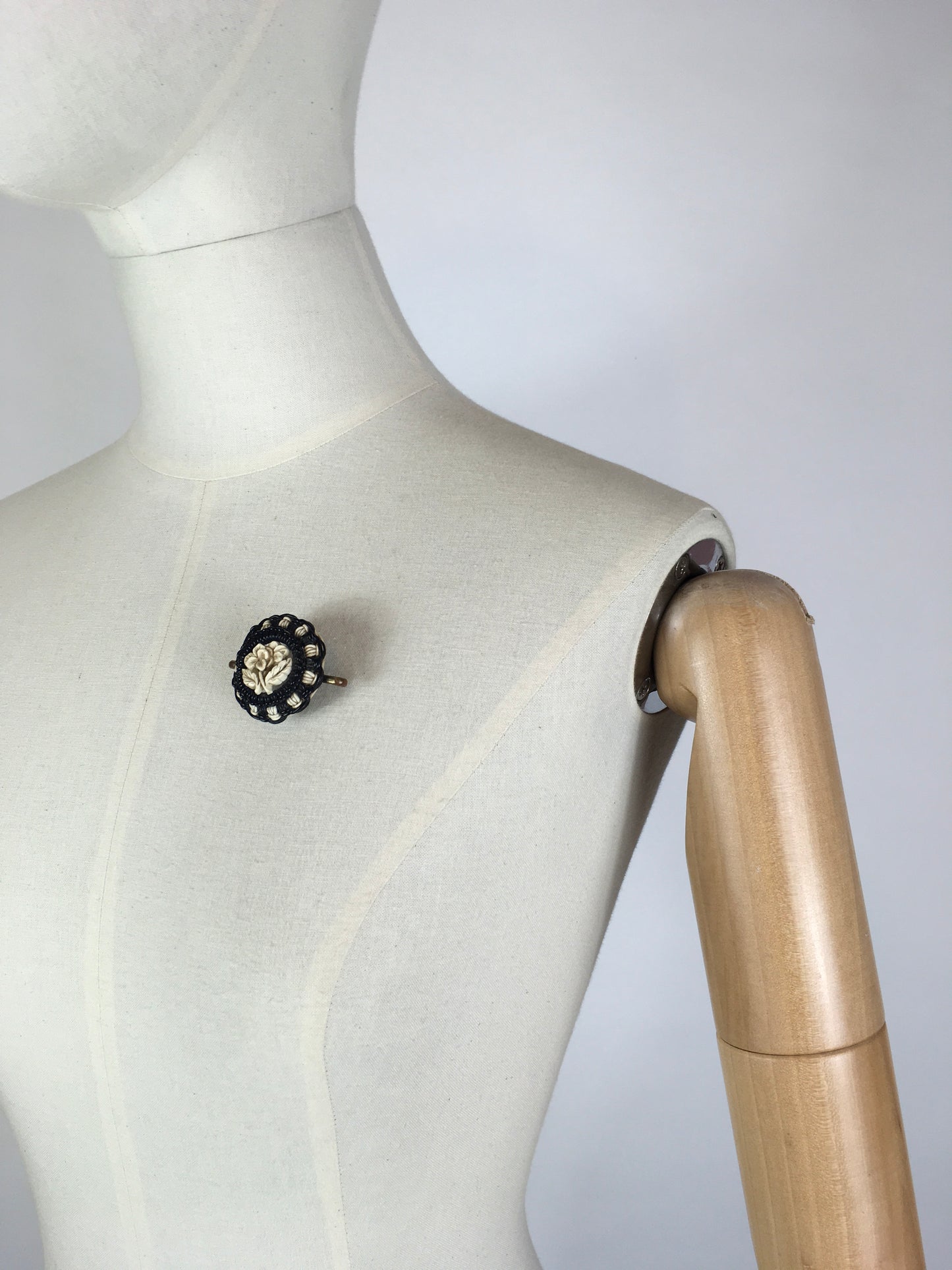 Original 1940’s Make Do And Mend Telephone Cord Brooch - In A Simple Black & White Colourway