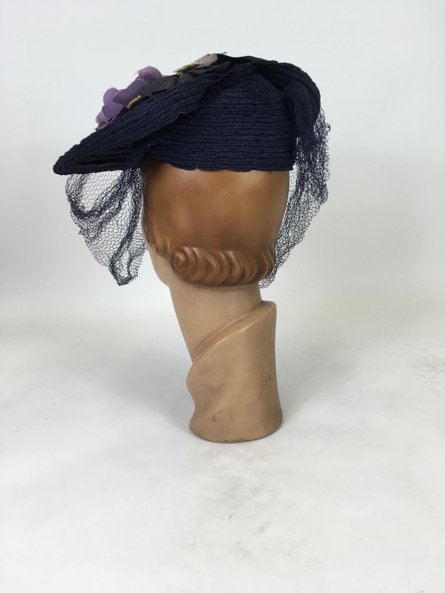 Original 1940's Sensational Navy Straw Tilt Hat - Adorned With Purple Millinery Blooms