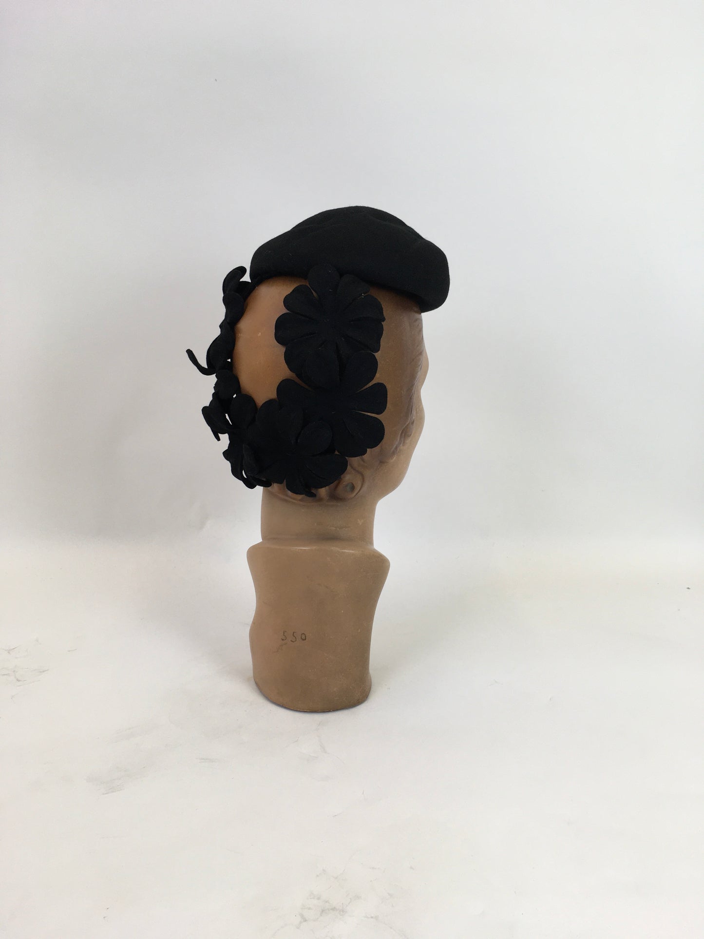 Original 1940's Darling Black Tilt Topper Hat - With Floral Adorned Back Plate