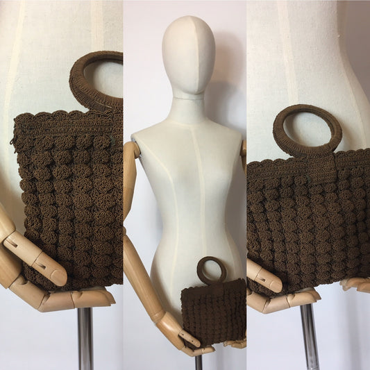 Original 1930’s Brown Popcorn Crochet Handbag - Festival of Vintage Fashion Show Exclusive