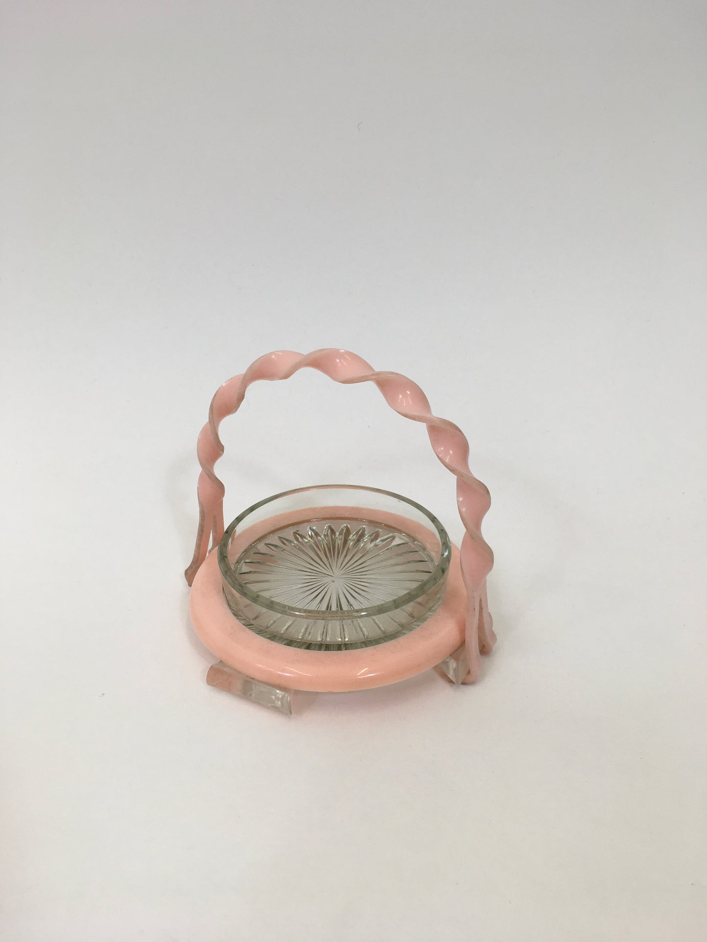 Original 1940's / 1950's Fabulous Lucite and Glass Trinket Dish - With Twisted Handle in Pastel Pink