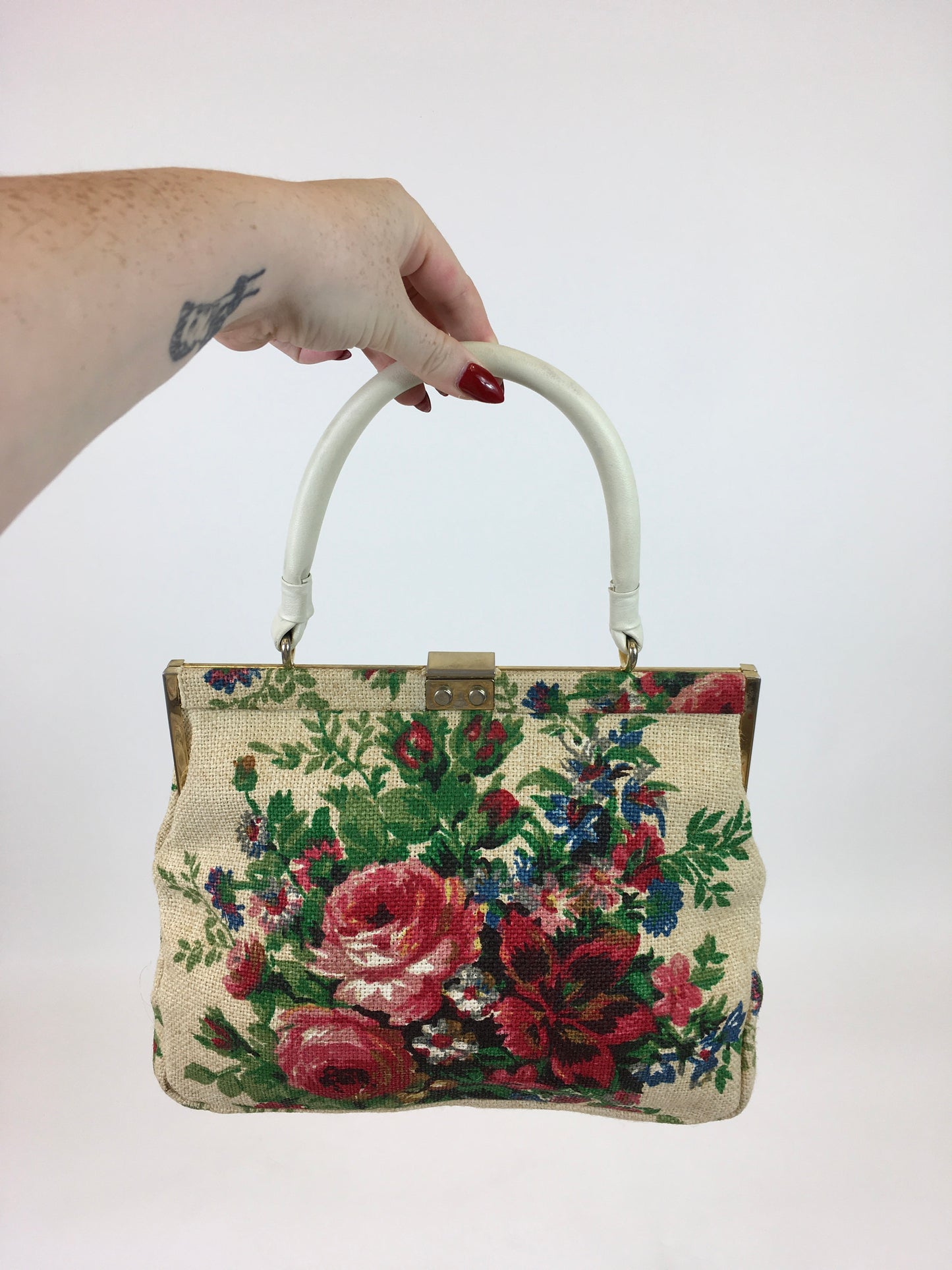Original 1950’s Fabulous Floral Handbag - With Gold Metalwork Frame and Cream Handle