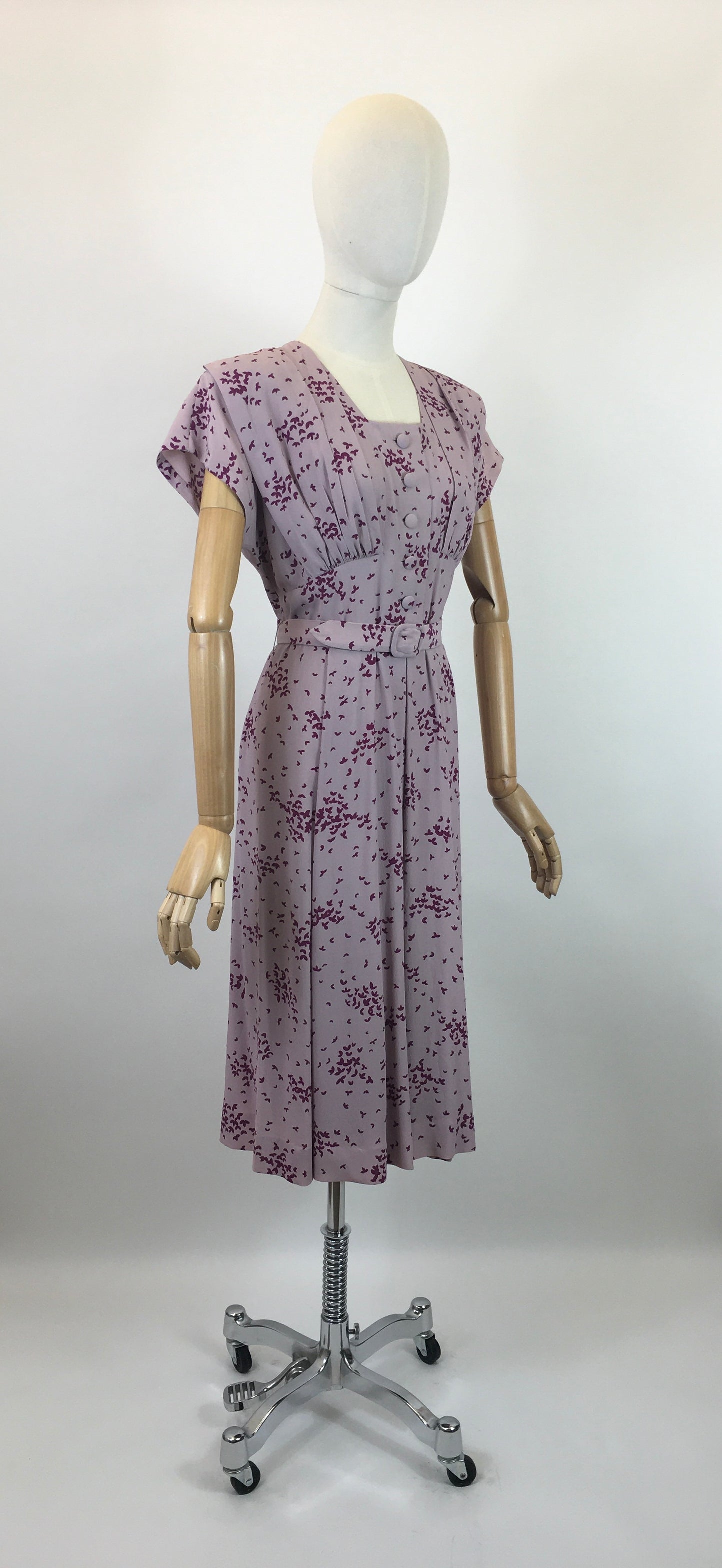 Original 1940's Darling Crepe Dress - In A Delicate Lilac with Berry Coloured Print
