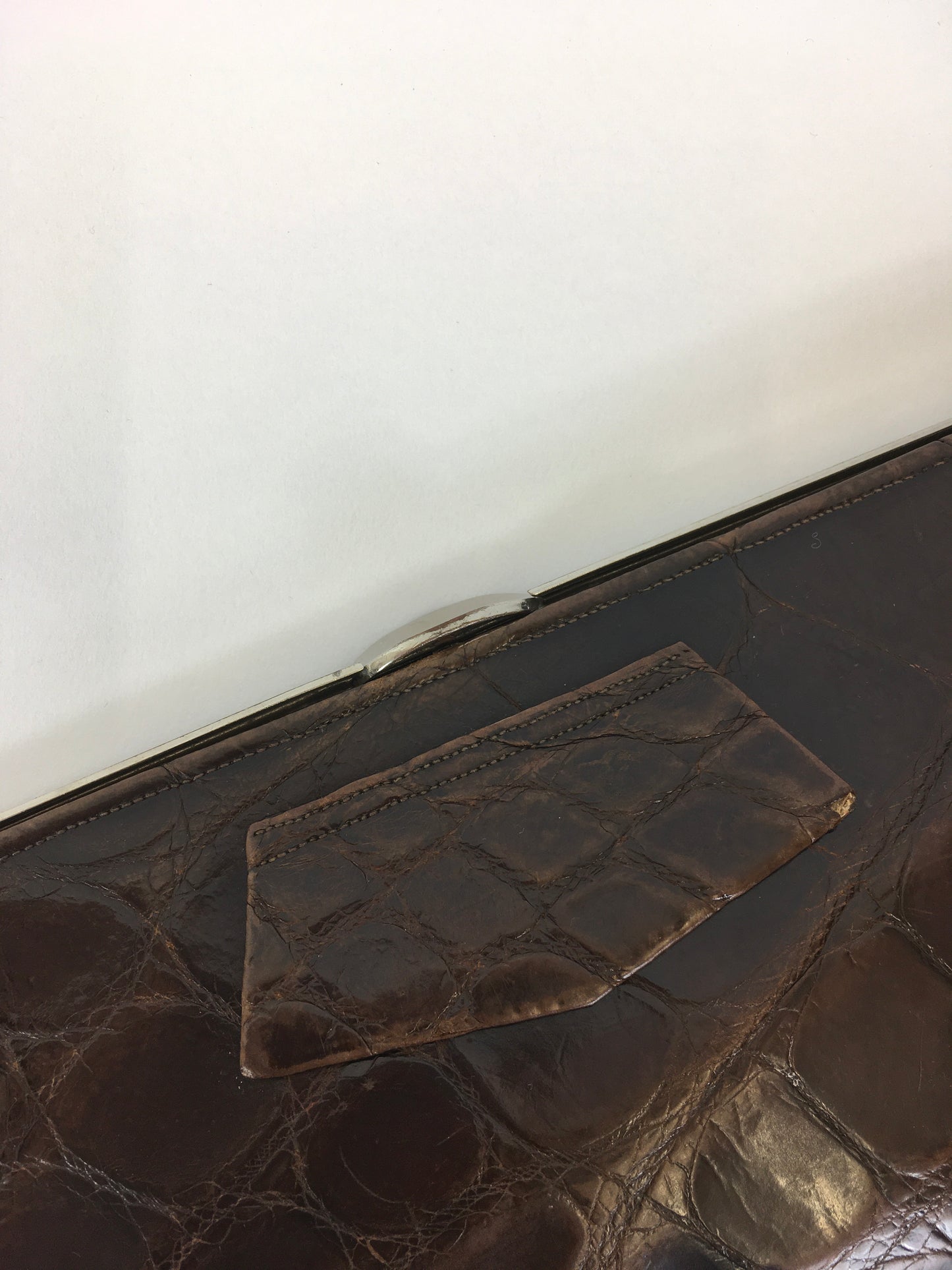 Original 1930’s Deco Crocodile Clutch Handbag - In A Warm Brown with Chrome Detailing