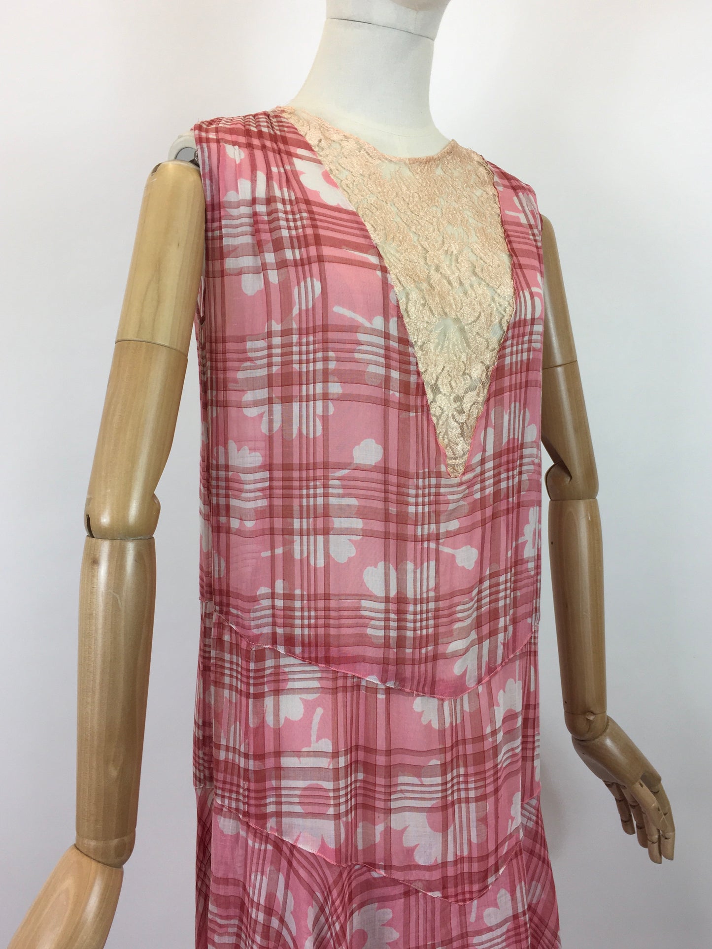 Original 1920's Darling Cotton Lawn Day Dress - In A Rose Pink Floral and Plaid Cloth