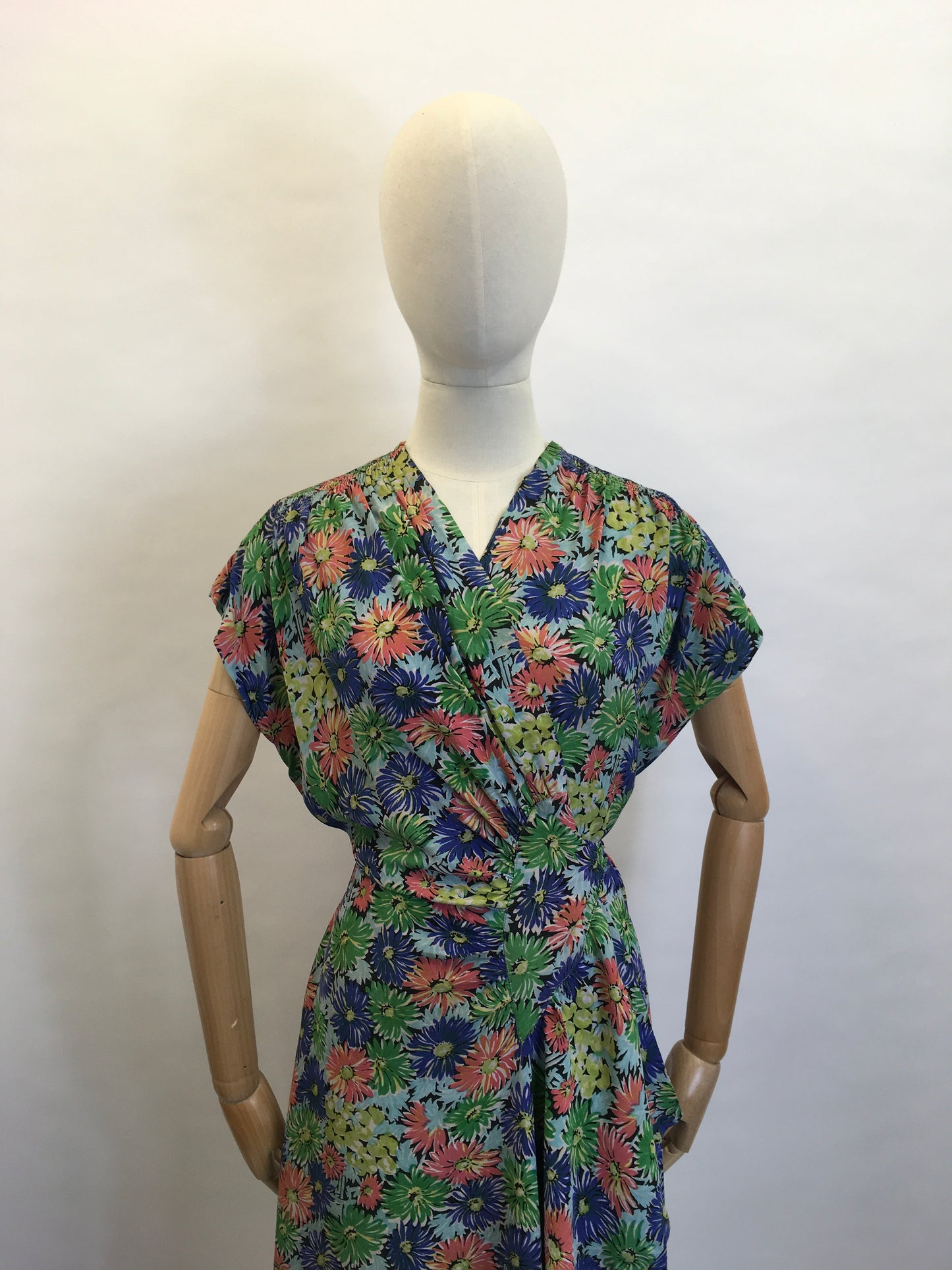Original 1940’s STUNNING Floral Rayon Wrap Dress - Beautiful Waterfall Hip Swag
