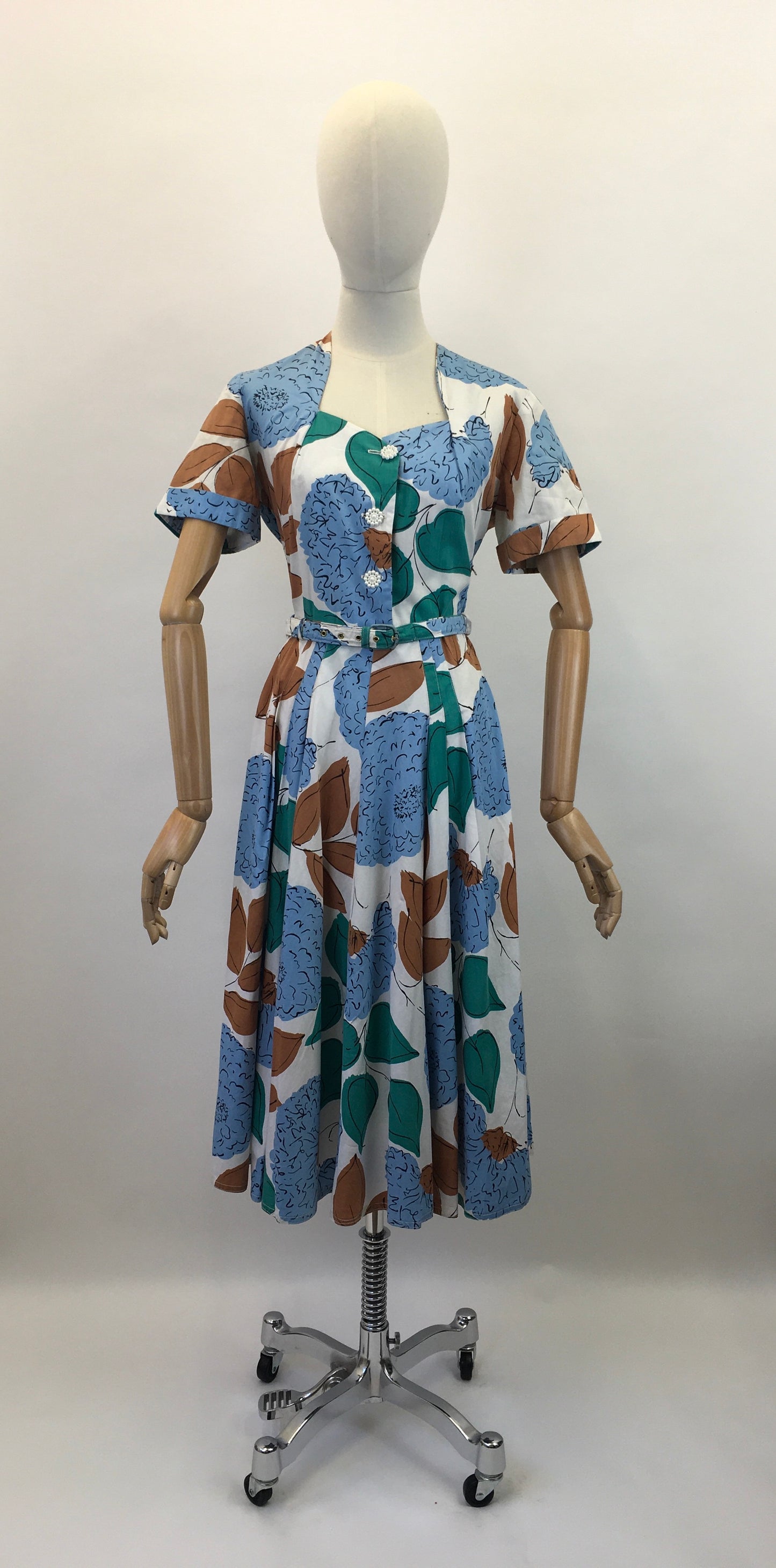 Original Late 1940’s Floral Cotton Day Dress - In Airforce Blue, Caramel Brown, Emerald on Crisp Off White