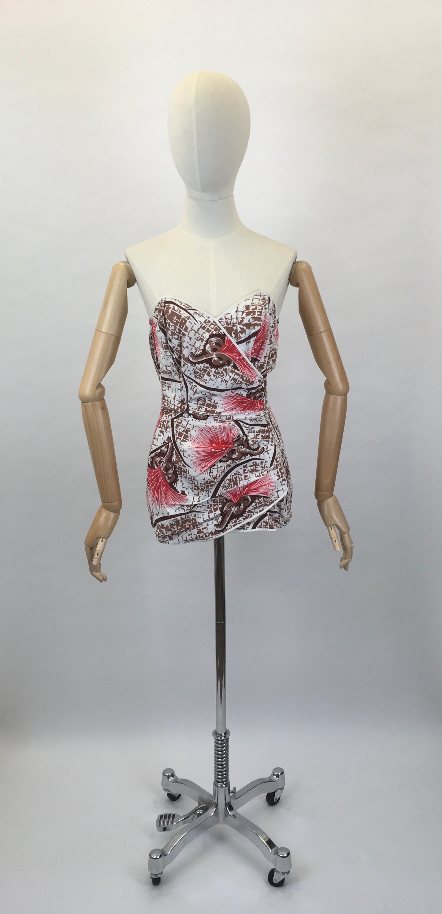 Original Late 1940s early 1950’s Bathing Costume - In a Fabulous Brown and Bright Coral Cotton