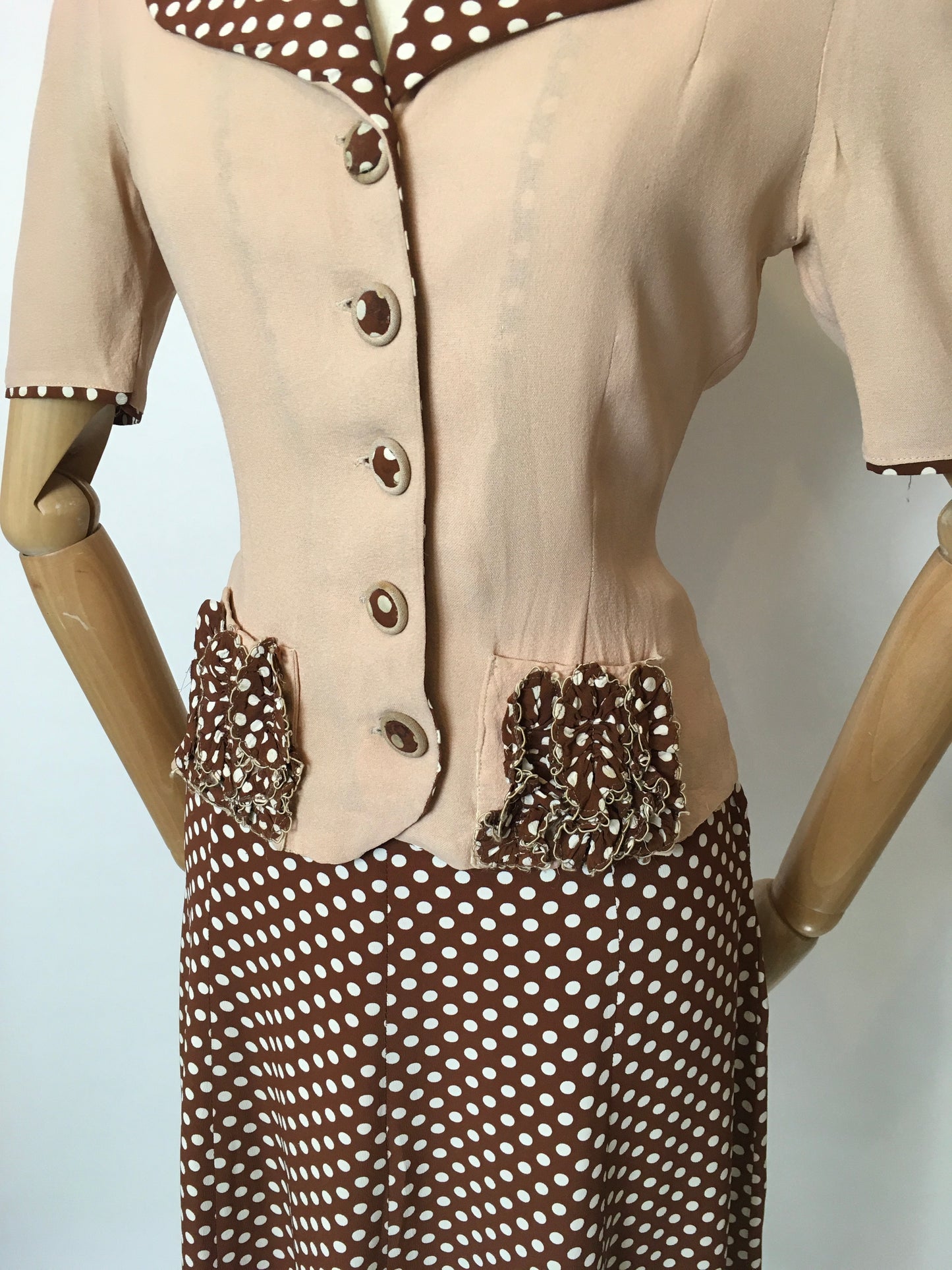 Original 1940’s Darling 2 pc Crepe Suit - In the Most Beautiful Contrast Blush Pink & Brown Polka Dot Crepe