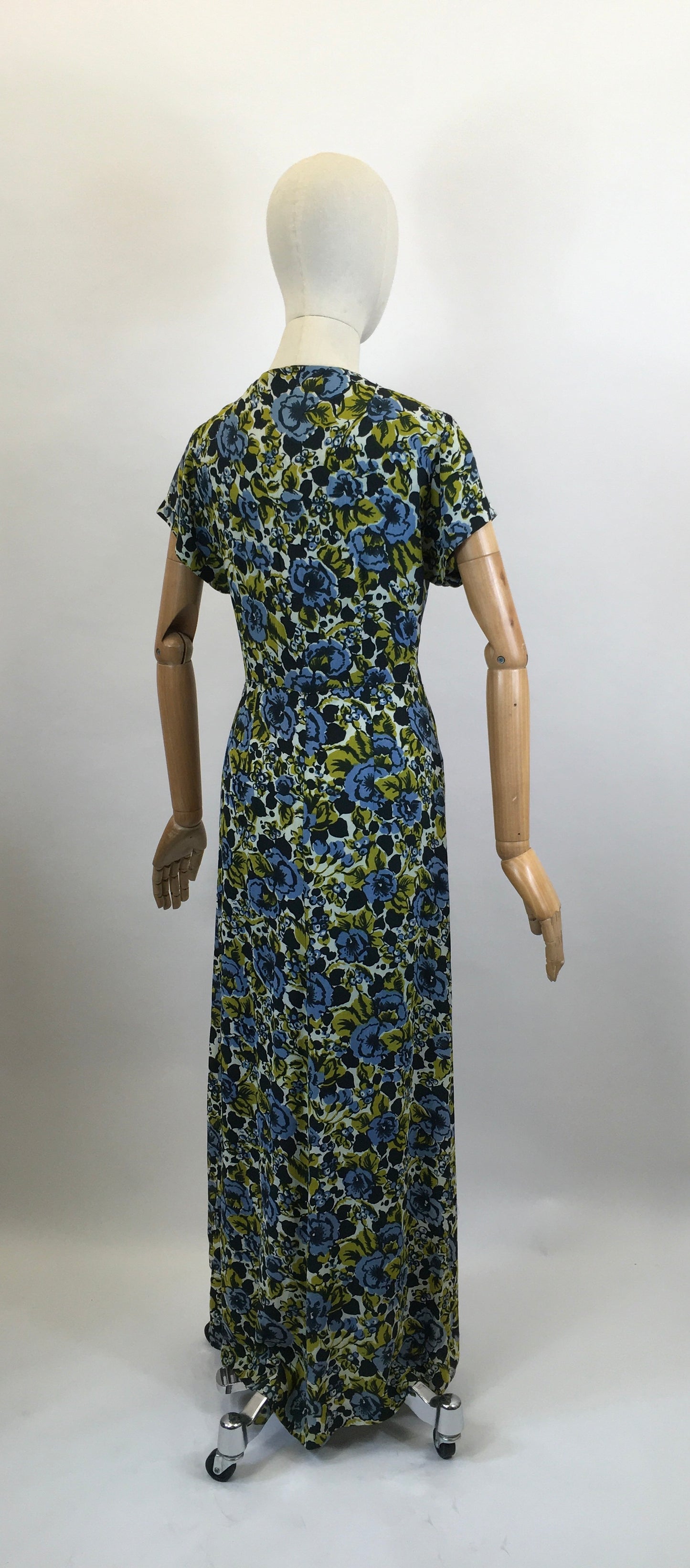 Original 1940's Beautiful Floral dress - in Chautreuse, Blue and Green florals.