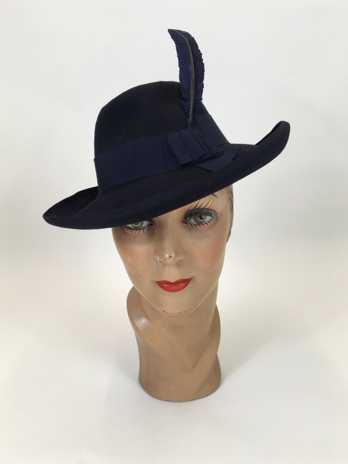 Original late 30's/ Early 40's  Stunning Fedora -  In a Deep Navy Felt with striking Blue Feather