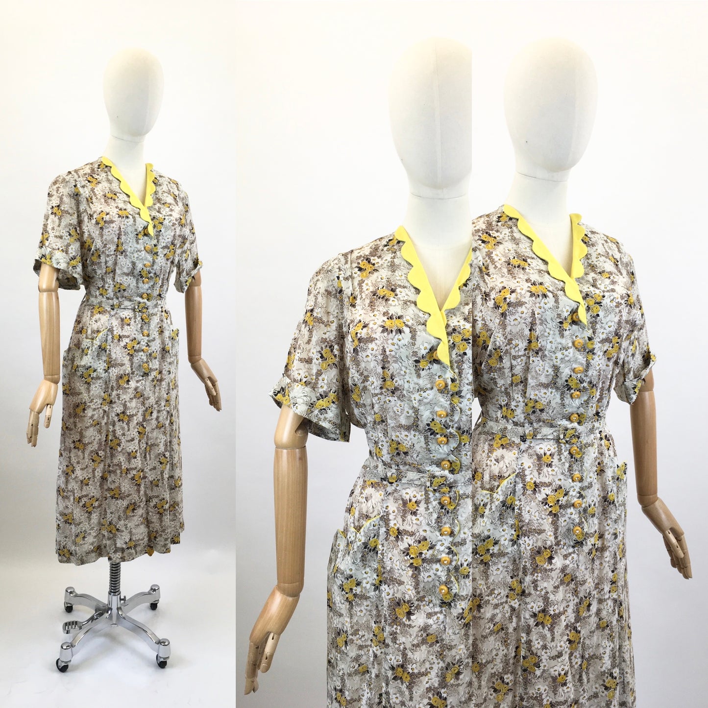 Original 1940's Deadstock New with tags Vol up floral dress - Brown / Yellow