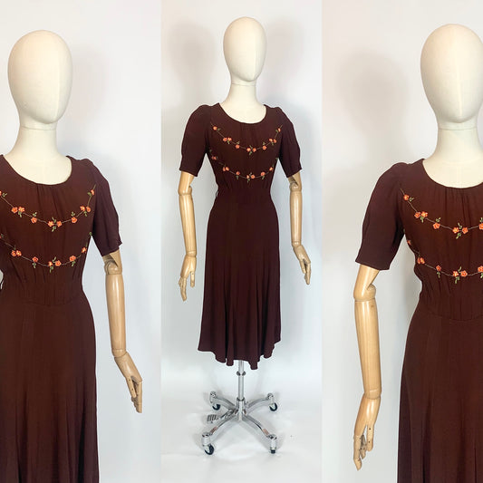 Original 1940’s Beautiful Crepe Dress with embroidery to neckline - Brown