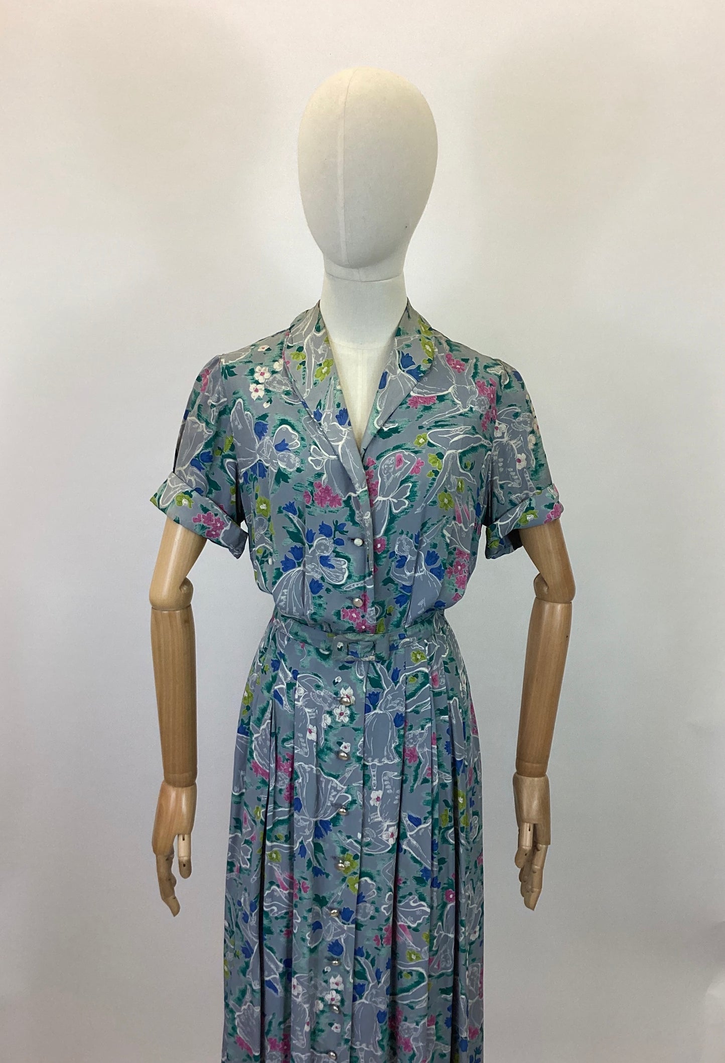 Original Fabulous 1940's  Novelty Print dress - Pale slate grey with hints of chartreuse, jade, blue and hot pink