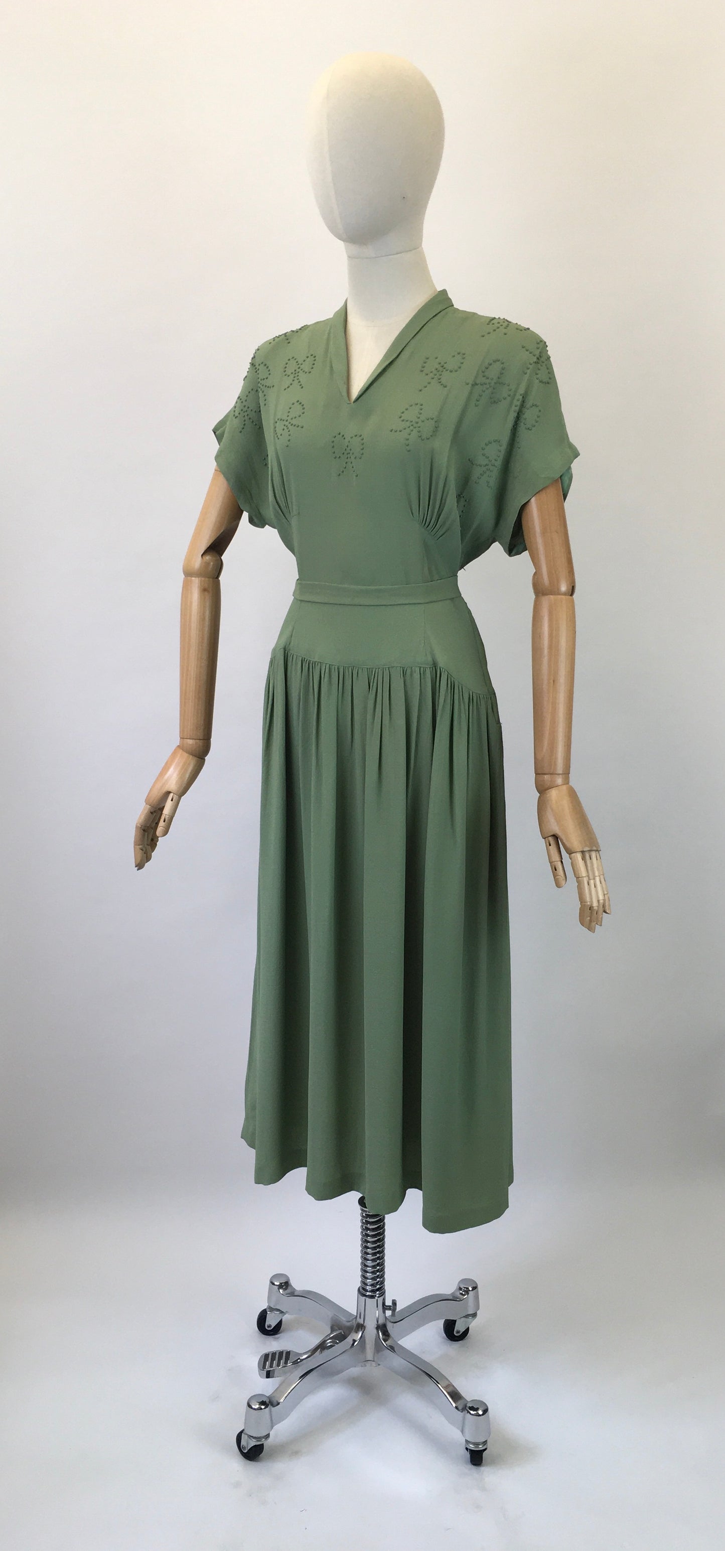 Original 1940s Beautiful Beaded Crepe dress - in a Soft Sage Green  colourway