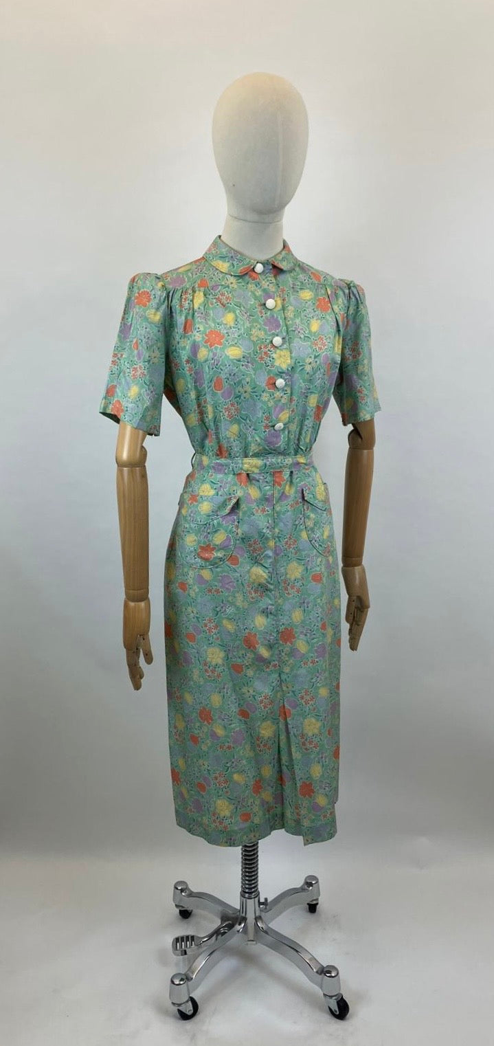 Original 1940's Silk pretty floral dress - in Celedon Green, Orange, Yellow, lilac and mauve