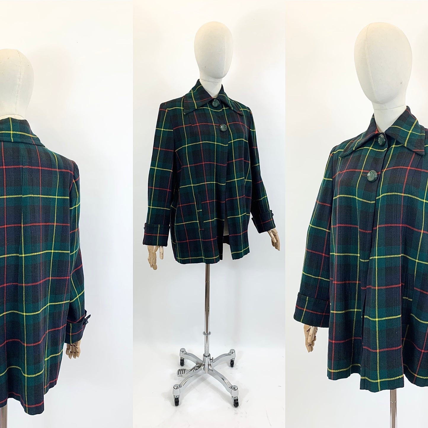 Original 1940’s Fabulous Plaid Swing Jacket - predominantly Green plaid with touches of Red and Yellow