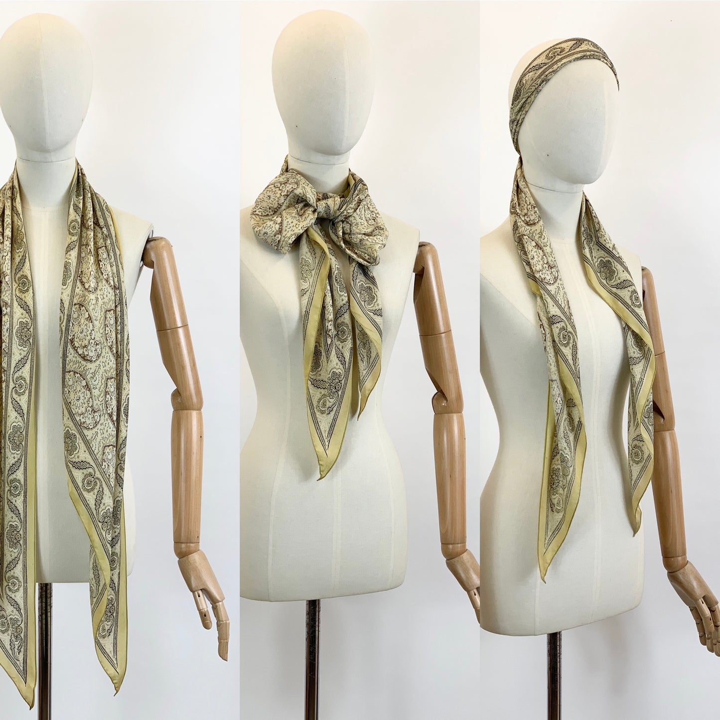 Original 30’s/40’s Silk Dagger point Scarf - Cream, Taupe, Brown and Black hues